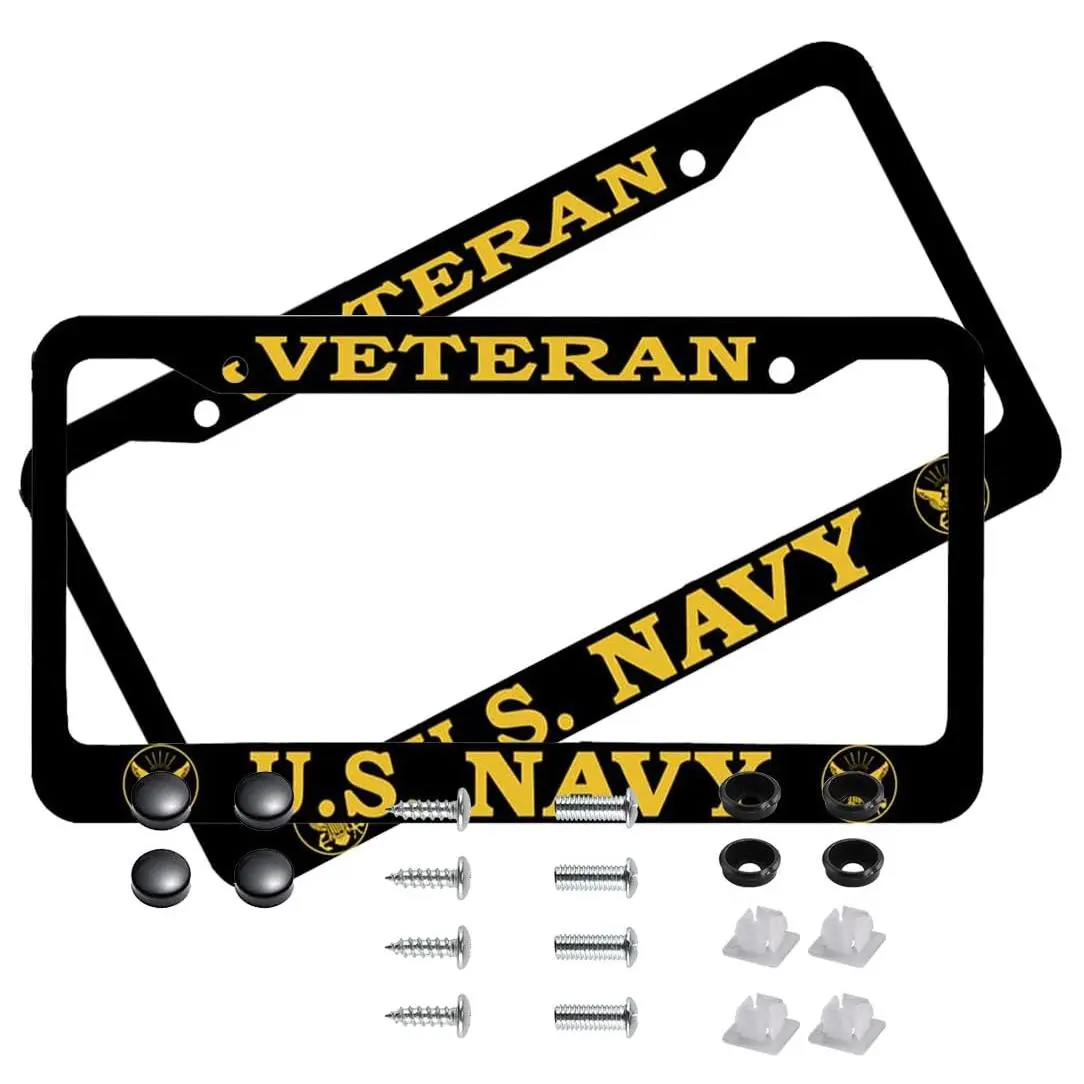 2-Pack U.S. Navy Veteran License Plate Frames - Black Aluminum Car Tag Covers with Screws Caps, Military Emblem, Nation Pride Auto Exterior Accessories Gifts Fits 12x6in US Standard, Us Pride / Nation Pride