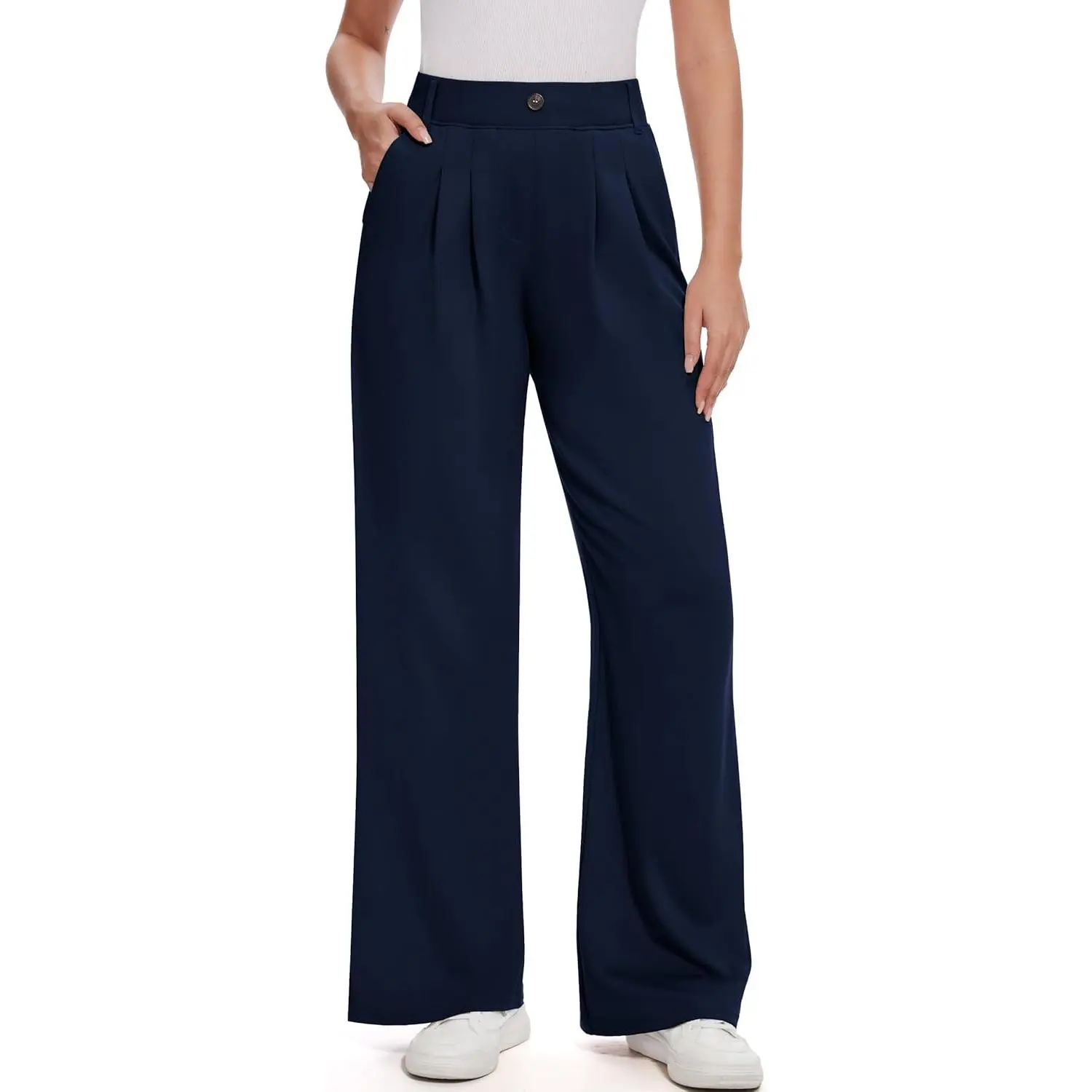 Moteepi Women's Wide Leg Dress Pants Work Pants, Pull On High Waisted Business Casual Office Trousers 29"/31" Black Slacks with Pockets, Stretch Wrinkle Free Comfortable Pants for Women, Slimming Dressy Casual Pants for Work, Travel & Everyday Wear