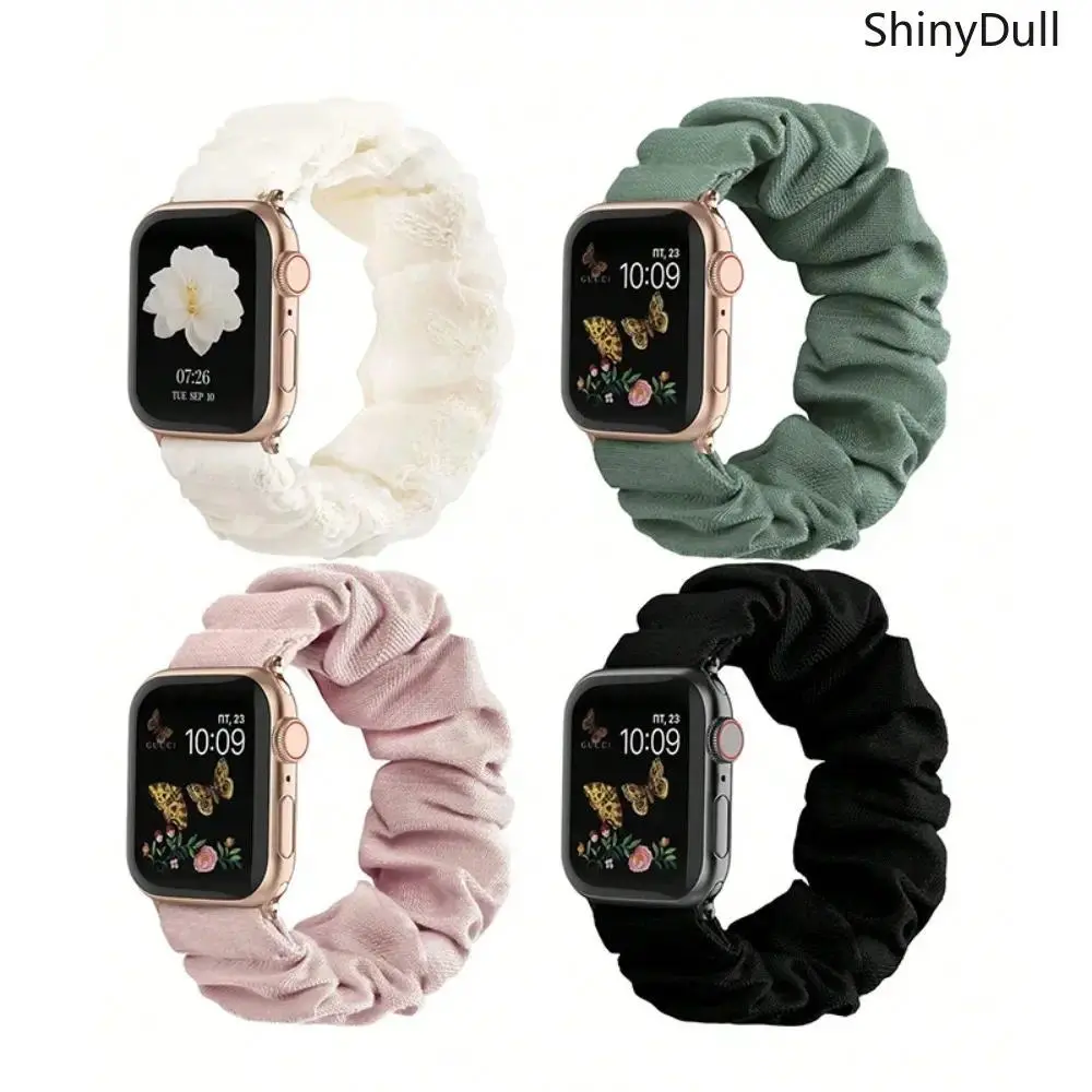 Women's Scrunchie Watch Bands, 4-Piece Elastic Soft Nylon Set for 38-49mm Watches, Compatible with Series 1-8, SE & Ultra, Nylon Fabric