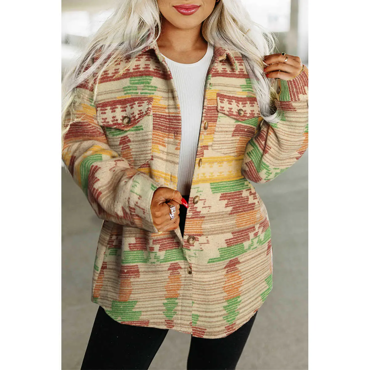 Women's Western Shacket, Aztec Print Long Sleeve Collared Button-Up Jacket with Flap Pockets, Casual Polyester Outerwear, Tops, Coats, Jackets