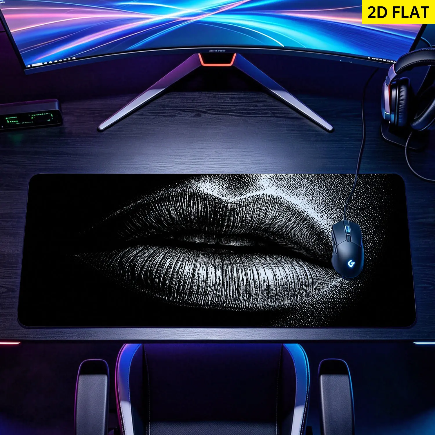 Extra Large Artistic Lip Black and White Art Mouse Pad, Rubber Base, Non-Slip, Lock Edge, Multi-Size, Washable, Precision Control, Desktop Protection & Decoration for Office, Home, Gift for Loved Ones