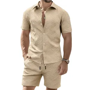 Men'S Matching 2 Piece Set Summer New Solid Color Jacquard Short Sleeve Shirt Shorts Casual Daily Outfit