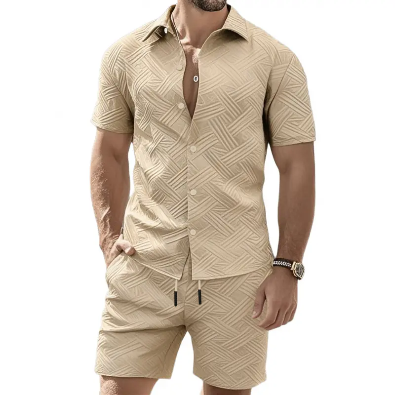 Men's Textured Jacquard Shirt and Shorts Set, Casual 2 Piece Summer Outfit with Spandex Stretch Fabric, Stripe, Menswear, Polyester, Jacquard Weave, Clothes, Machine Wash, Medium Elasticity, Shortsleeve