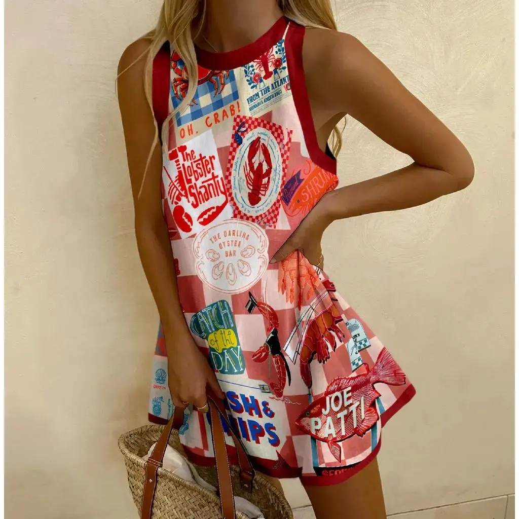 Casual Mini Dress Collection Stylish Print Sleeveless Dress, Sea World Patternied Resort,Long Dog, Red Polka-Dot Fish Design Women Summer Beach Vacation Wear Outfit Dress,