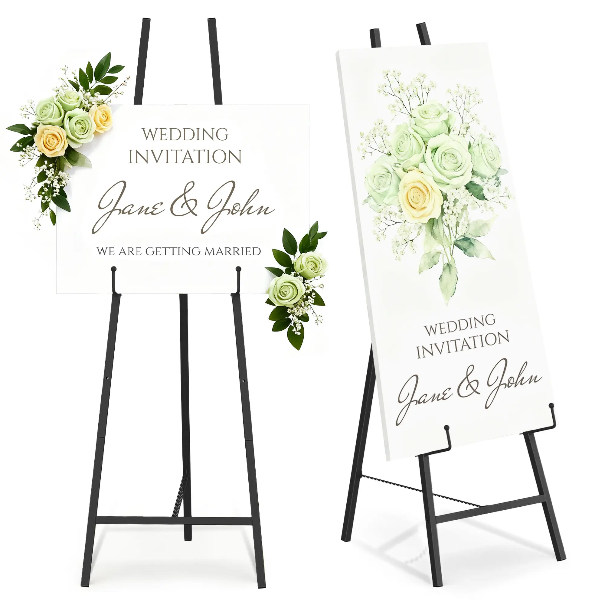 2-Pack Heavy-Duty Metal Frame Tripod Floor Easel Stand, Adjustable Legs Sign Display with Chain Support for Wedding Welcome Signs, Posters