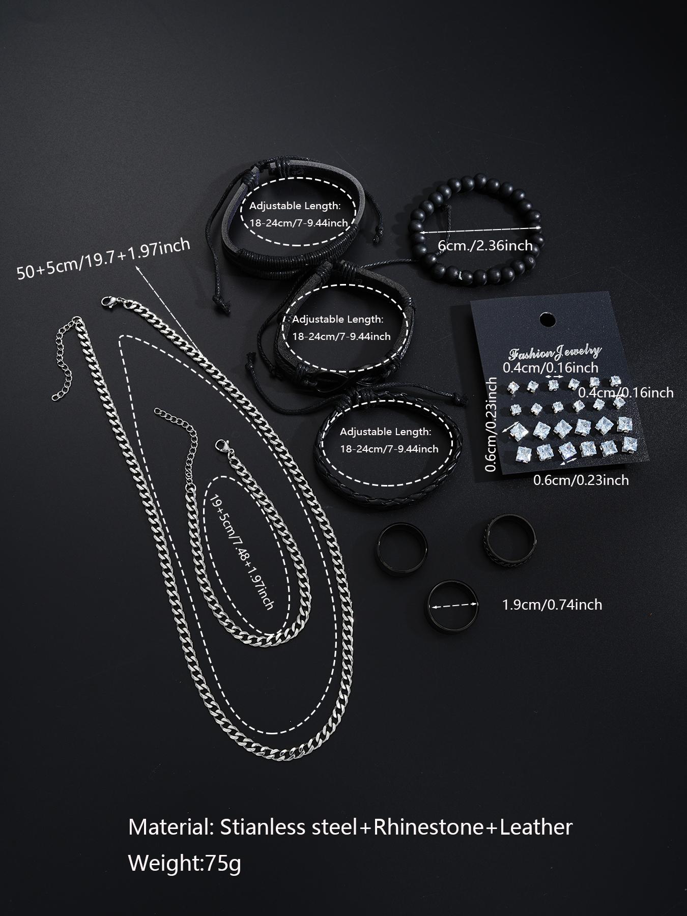 Men's Fashion Jewelry Set, 33 Counts Casual Rhinestone Decor Beaded & Drawstring Design Necklace & Bracelet & Stud Earrings & Rings for Men, Fashion Jewelry for Party, Daily Clothing Decor, Trendy All-match & Exquisite Jewelry for Birthday Gift