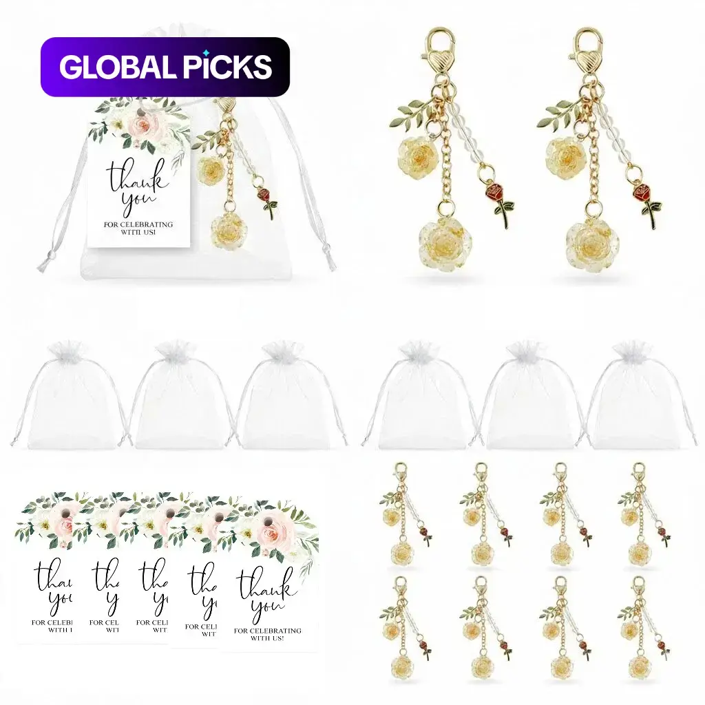 36pcs/12set Rose Keychain Cute Wedding Bridal Shower Party Favor Gift Set, Organza Bag, Thank You Card, Heart Clasp, Handmade Floral Key Ring, Cute Keychain Accessory, Cute Keychains For Car Keys