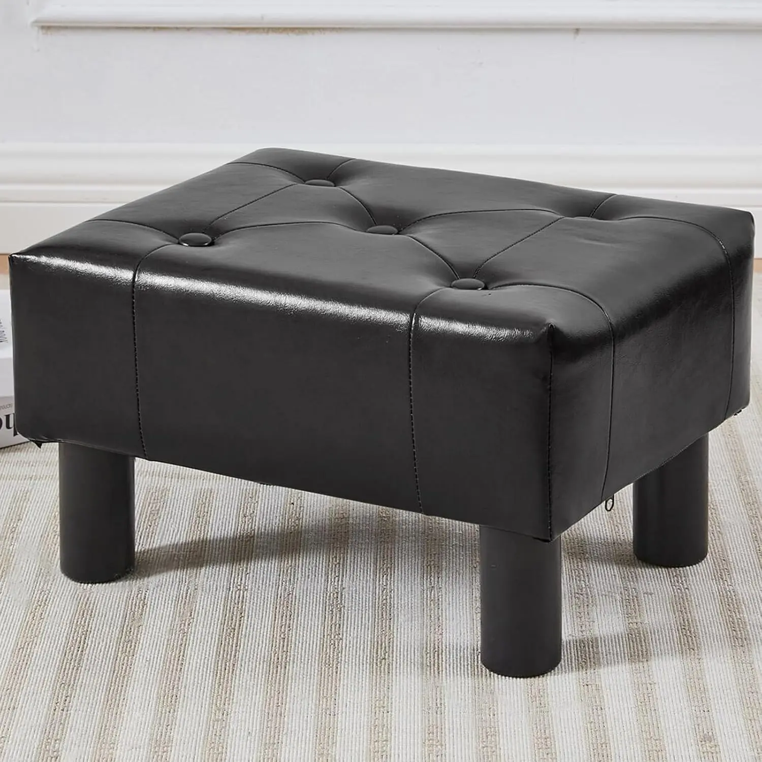 Small Foot Stool Ottoman, Faux Leather Footstool Ottoman Foot Rest for Couch, Rectangle Footstools and Ottomans Small for Living Room, Entryway and Bedroom (Black)