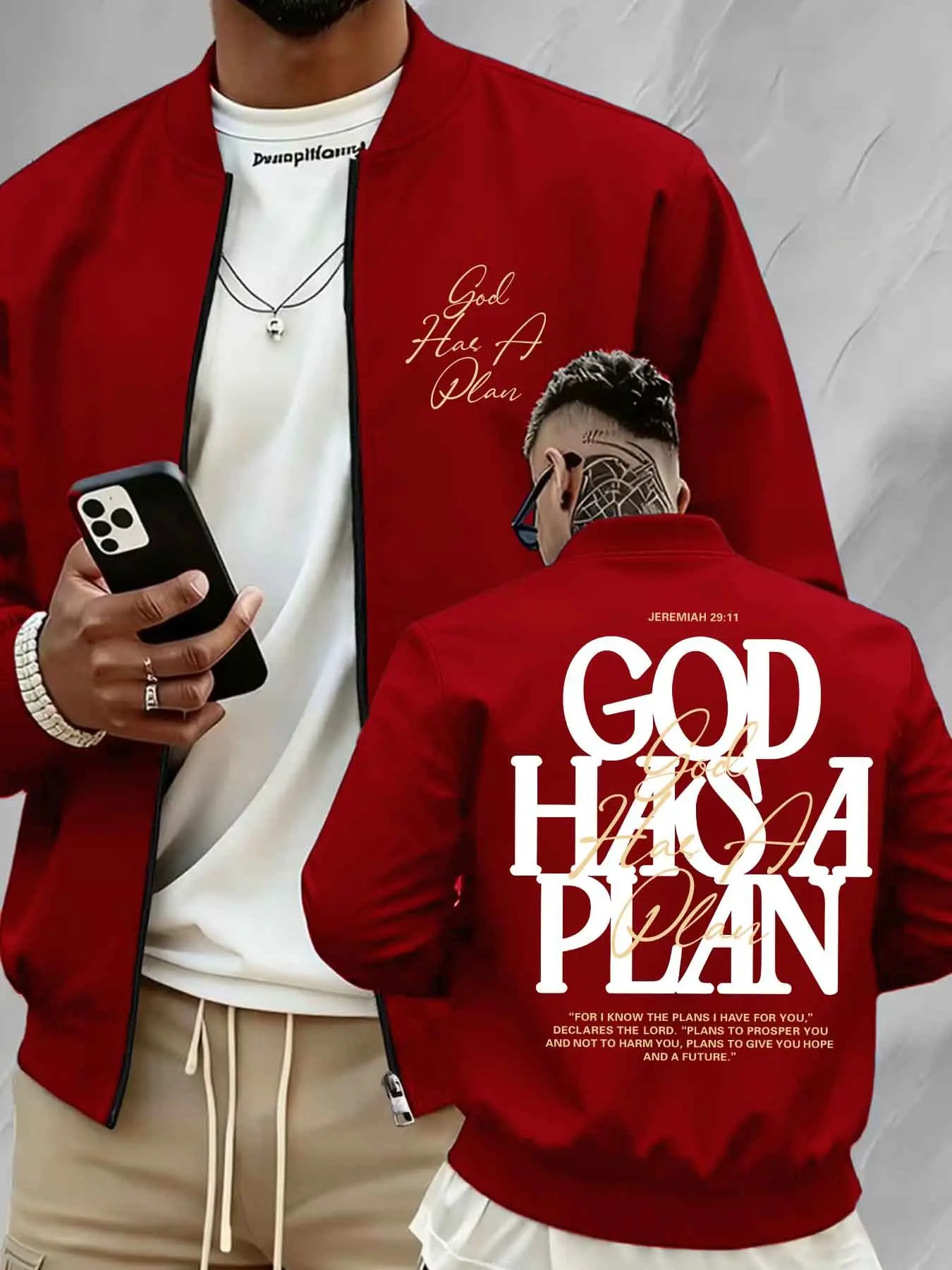Men's Zip Up Bomber Jacket, Double Sided "GOD HAS A PLAN" Bible Verse Letter Print Christian Faith Casual Lightweight Streetwear Outerwear Menswear #GodHasAPlanJacket #ChristianStreetwear #BibleVersePrint #ZipUpBomberCoat #TikTokMadeMeBuyIt