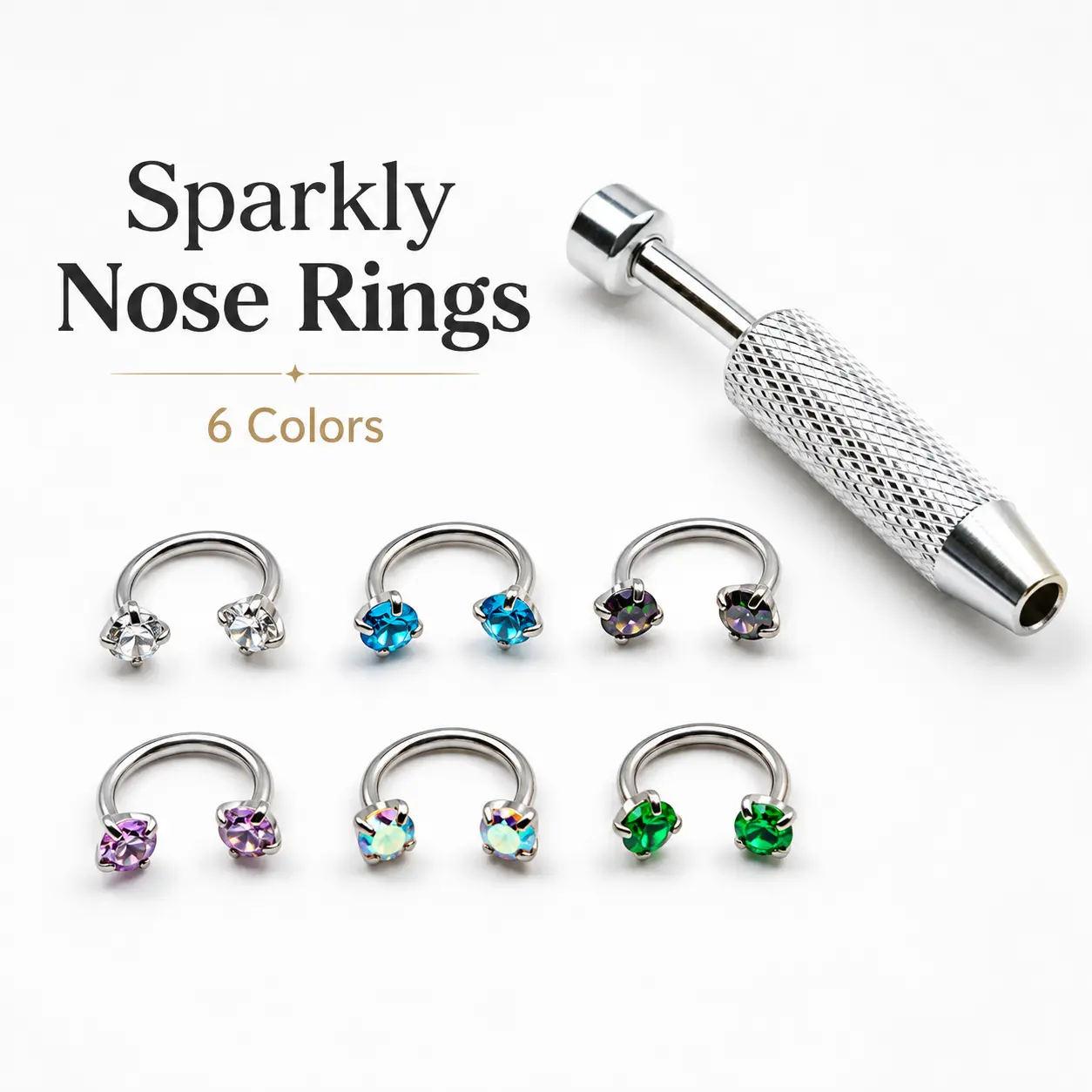 Surgical Steel Body Jewelry, 6-Piece Dainty 18G 8mm Horseshoe Nose Ring Set for Female Daily Wear, Internally Threaded Gems with Ball Holder & Guiding Needle, Nose Rings Set, Body Jewelry Set