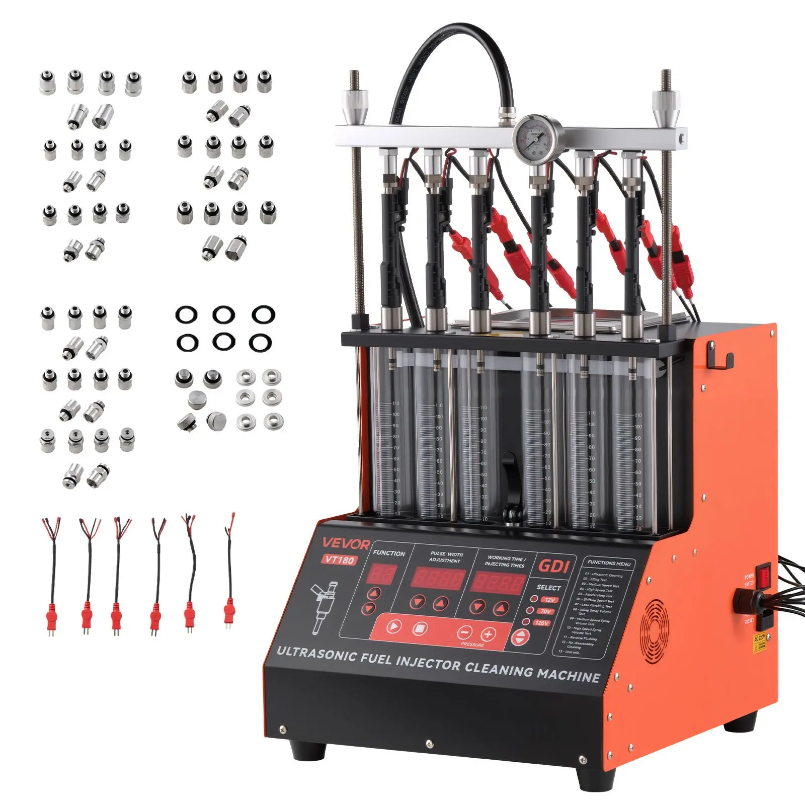 VEVOR Fuel Injector Cleaner & Tester Machine, 9 Test Modes, 6-Cylinder 28kHz Ultrasonic Cleaner with Adjustable 12V/70V/120V for EFI/FSI/GDI, Drain Valve for Cars & Motorcycles, Testing