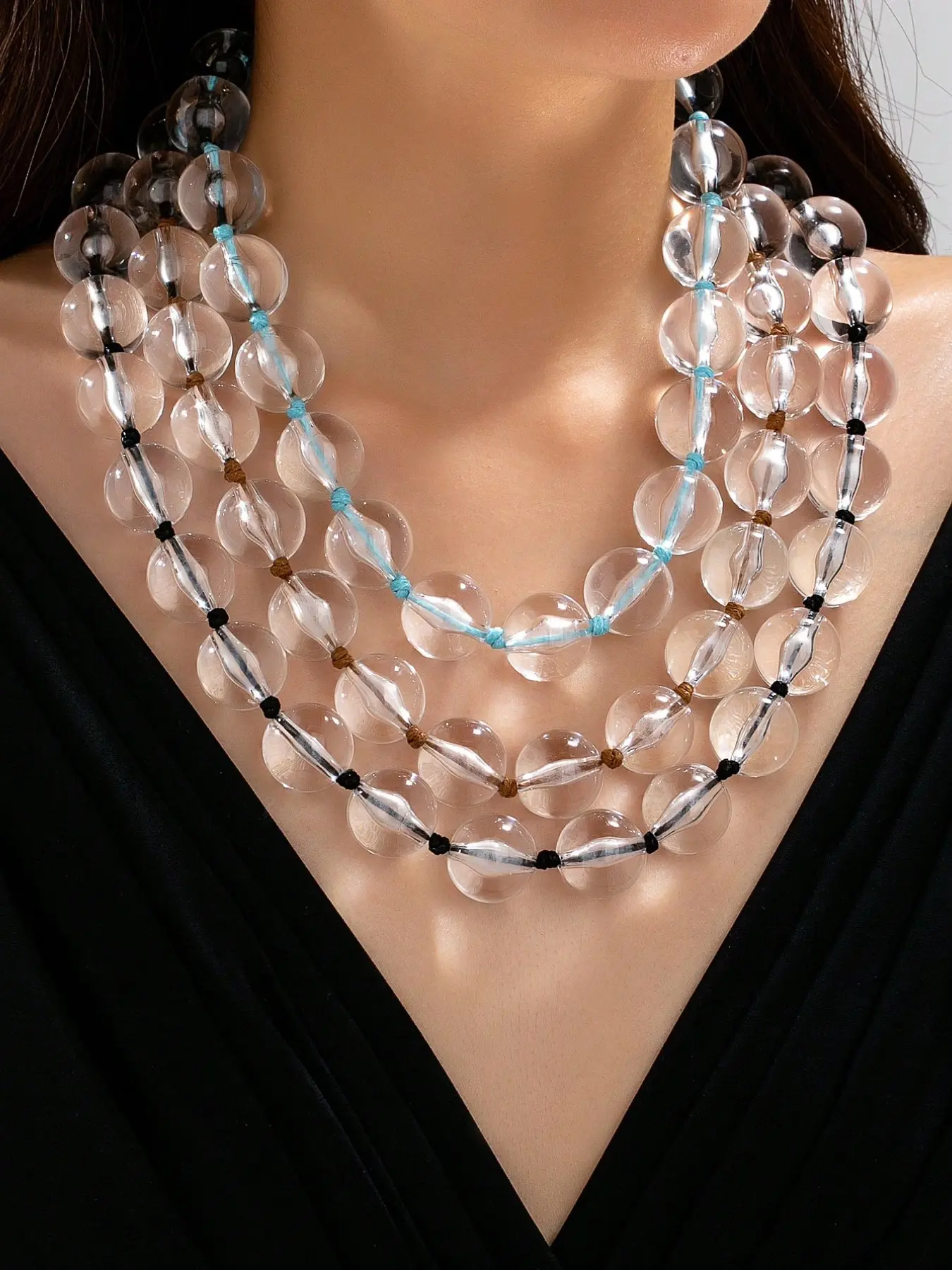 3 Pcs multi strand transparent bead necklace, hand knotted large round transparent glass ball thick layer necklace, suitable for women's vacation, Fashion Jewelry