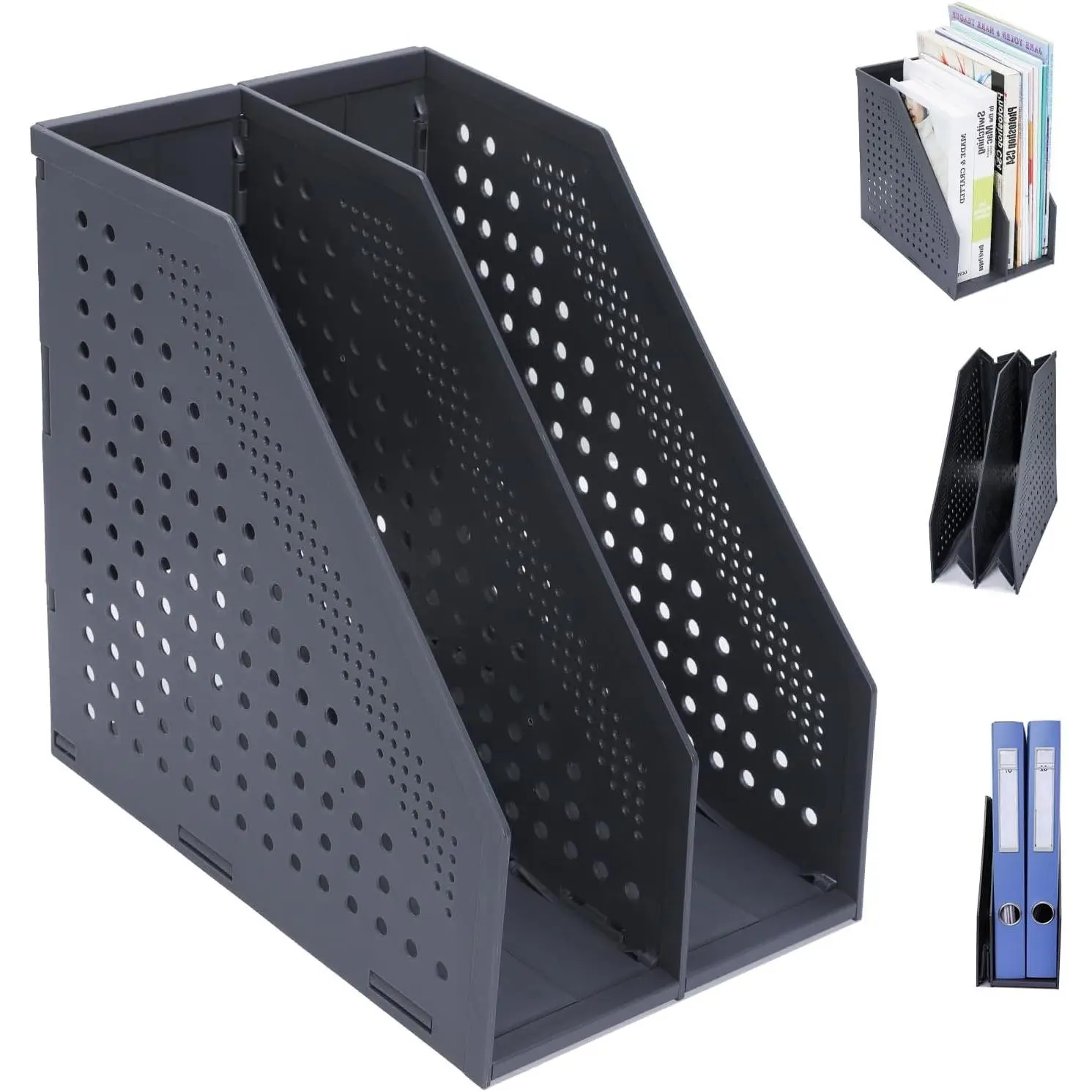 Foldable Rectangular Magazine File Holder - 2 Vertical Compartments, Sturdy Plastic Binder Holder, Space-Saving Compact Organizer for Desk/Shelf, Easy Access, Office/Home Use, Dark Gray