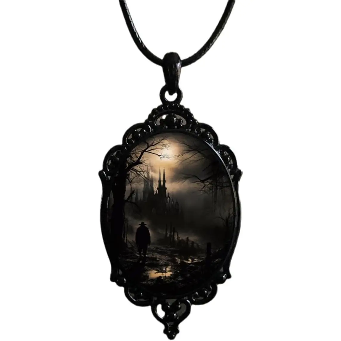 Gothic Raven Castle Pendant Necklace, Cameo Glass Pendant Necklace Punk Style Victorian Choker Necklace Goth Raven Cabochon Choker Mystic  Halloween  for Women