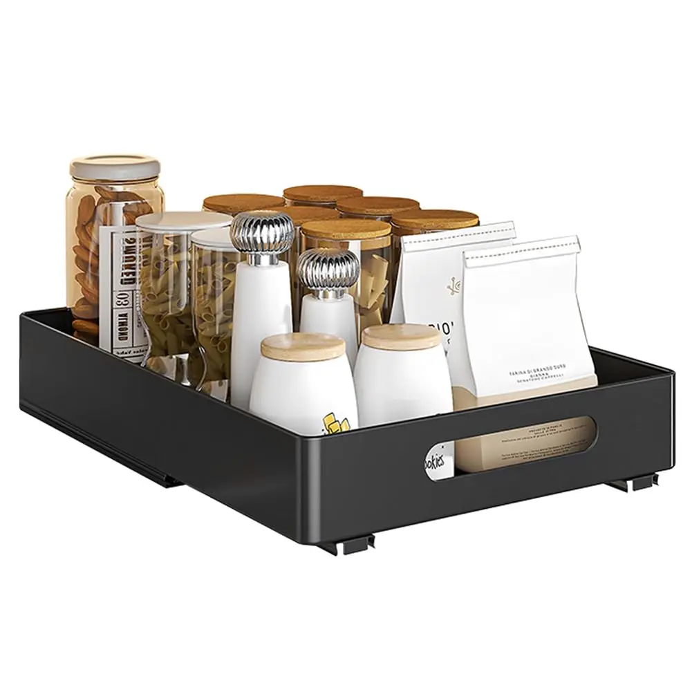 Pull Out Cabinet Organizer Fixed with Adhesive Film Heavy Duty Sliding Mesh Basket with Handle for Kitchen Cupboard Storage Drawer