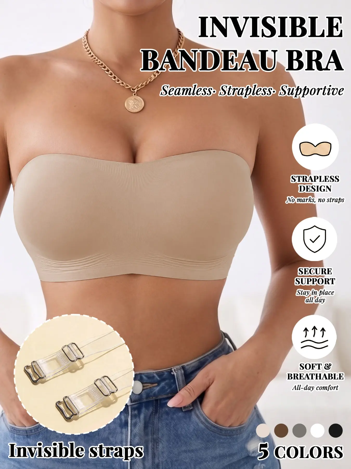 Strapless Jelly Support Bandeau Bra! Soft breathable seamless fabric, anti-slip gathered design, hides side boob, ideal for wedding, party & daily tube outfits.