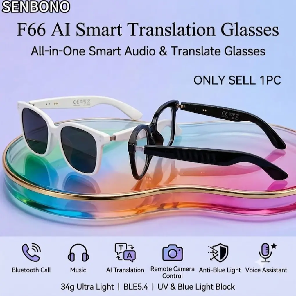 SENBONO Smart Glasses, Wireless Glasses, Polarized Bluetooth Sunglasses with Microphone & Speaker, UV Protection, Auto Pairing, AI Translation, Voice Assistant