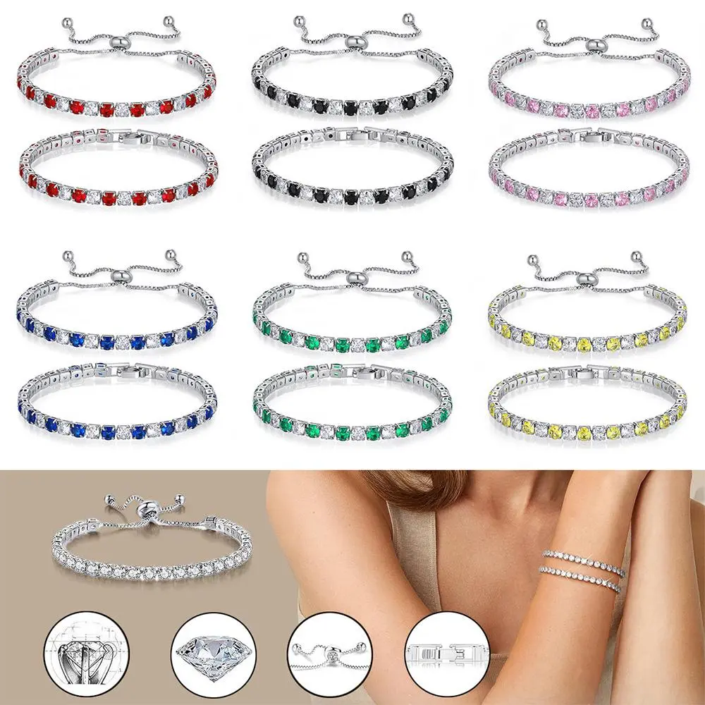 14K Gold/White Gold Plated Cubic Zirconia Tennis Bracelet, 2Pcs Fashion Shiny Rectangle Dainty Crystal Beaded Adjustable Slider Bracelets Set | Stackable Bracelets for Women, Men Jewelry Holiday Gift Couple Bracelet