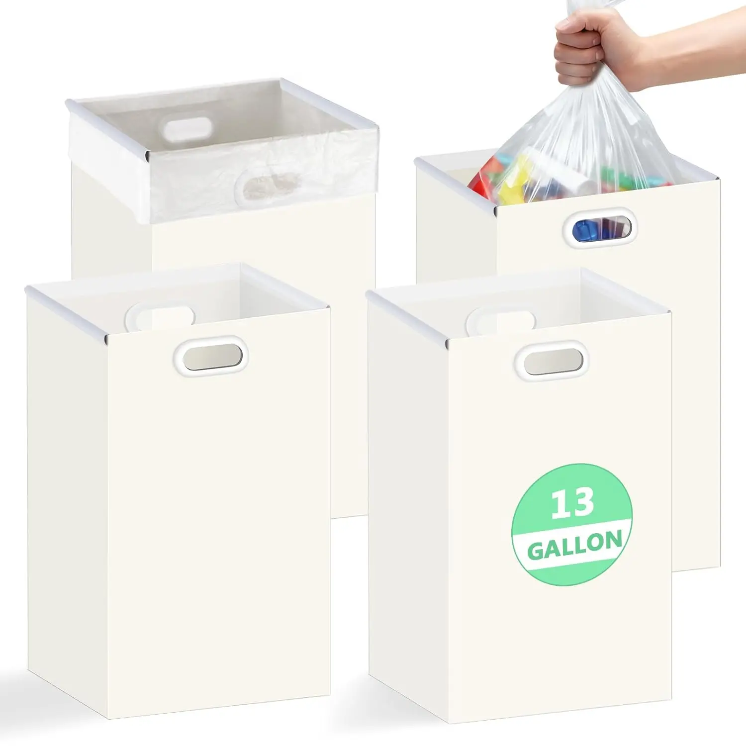 13 Gallon Disposable Trash Cans with Handles, Extra Large Portable Collapsible Garbage Cans with Waterproof, Recycled Reusable Recycling Bins for Party Events Camping, White, 4 Packs