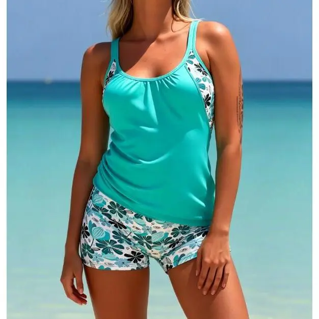 Women's 2-Piece Turquoise & Floral Tankini Set - Scoop Neck Swim Tankini Top with Solid Front & Floral Side Panels, High-Waist Shorts, Tummy Control Bathing Suit for Summer Sports & Outdoor Use, Swimsuit Sets, Tankini Outfit