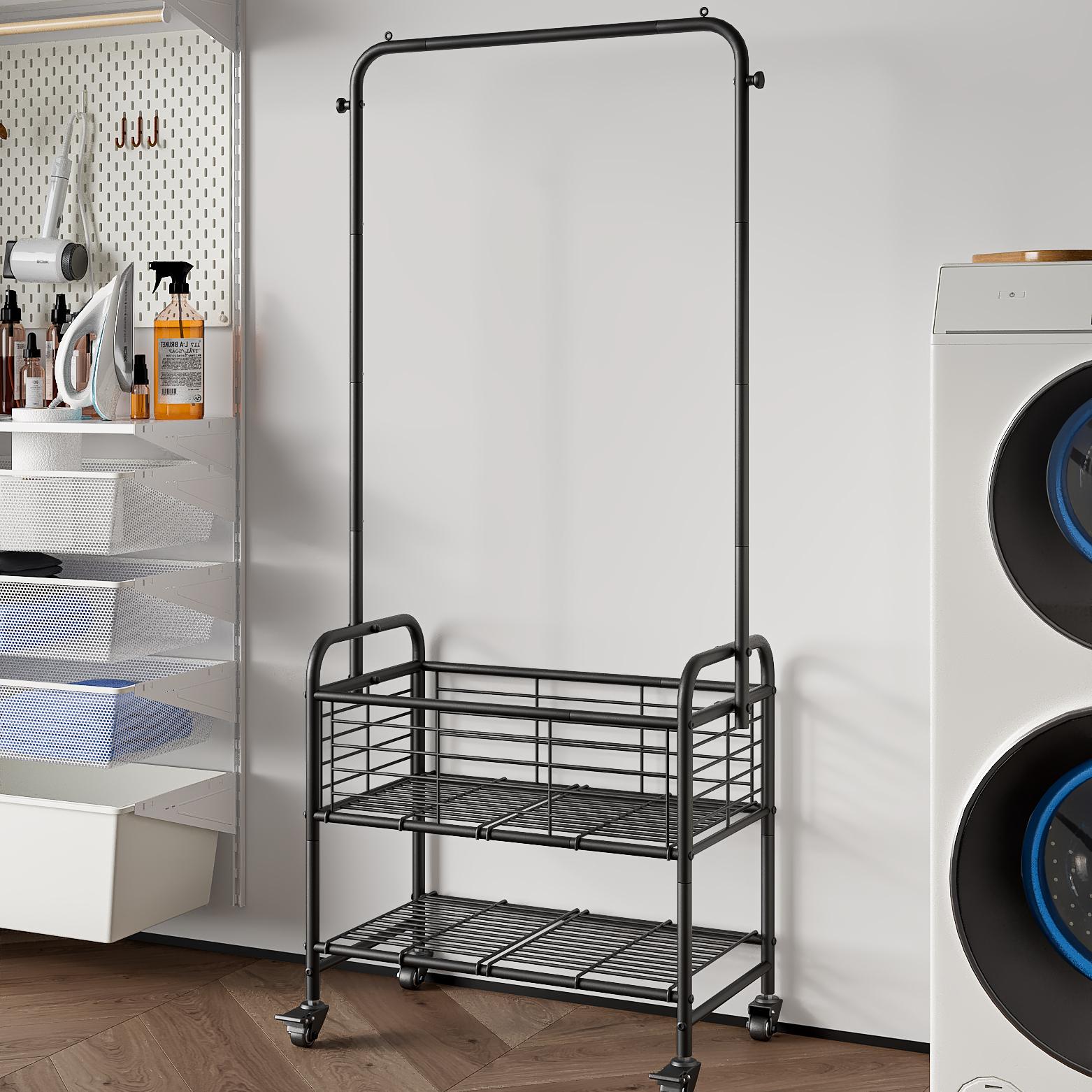 Heavy Duty Metal Garment Rack Mobile Clothes Rack with Wheels Laundry Cart with Storage Shelf and Side Hooks