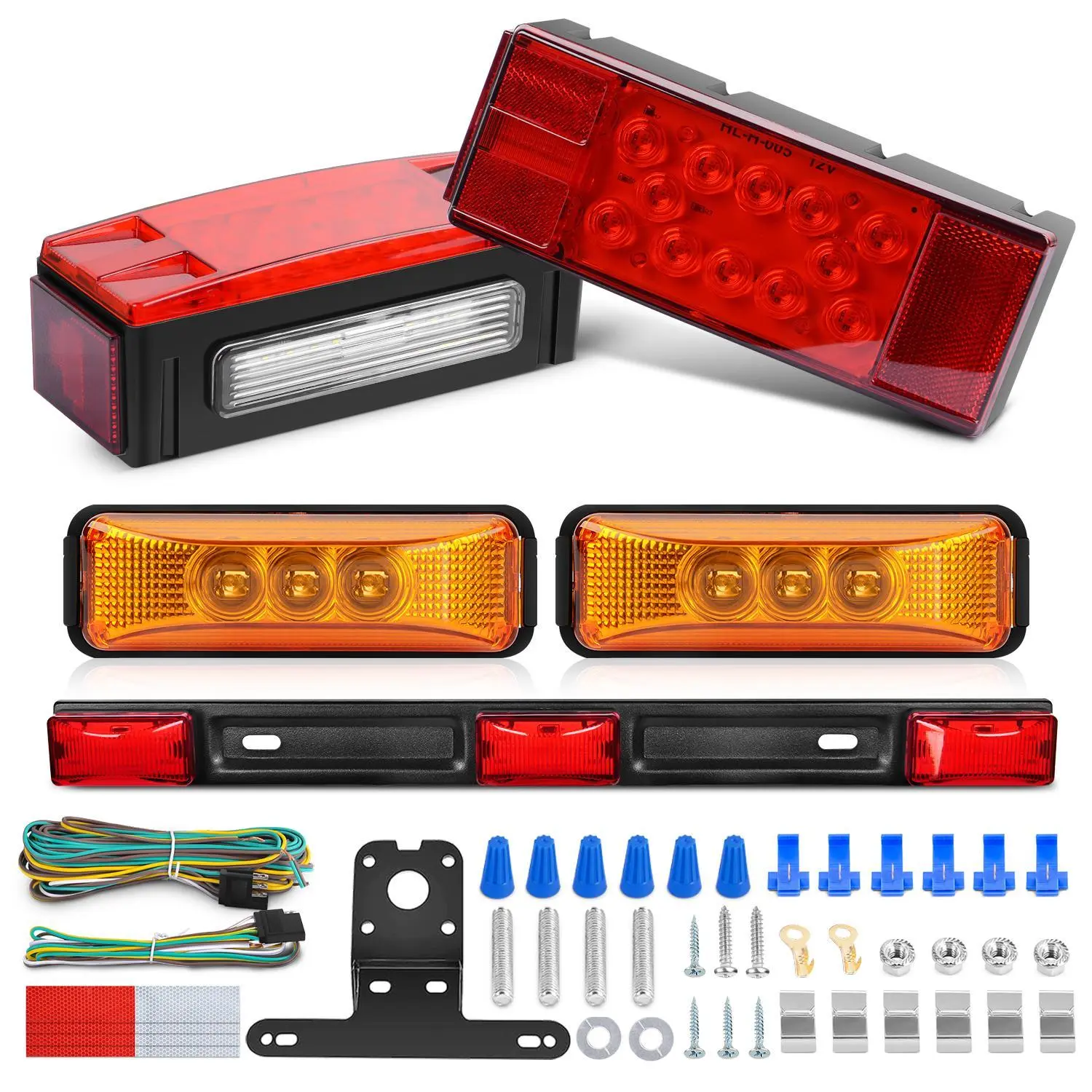 Nilight 2 PCS Rectangular Waterproof Trailer Light Kit, 3.9 inch Red 9-LED Stop/Turn Tail License Unit, Amber Side Marker, Black ID Bar for 12V DC Vehicles, RVs, Boats