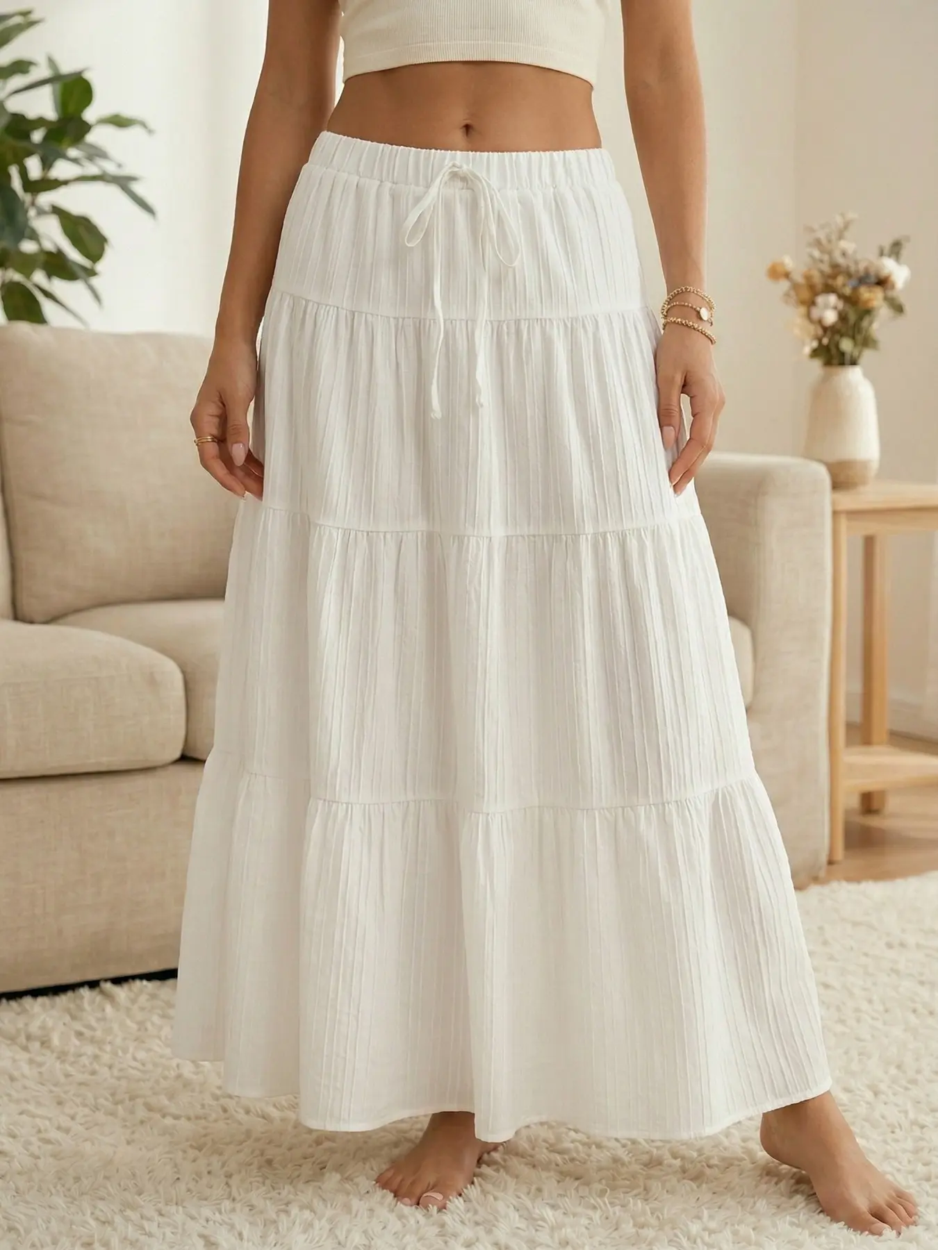 Boho A-Line Skirt with Ruffle Hem, Summer Bohemian Style, Casual Loose-Fit Half-Length Dress with Lining, Elastic Waist with Drawstring