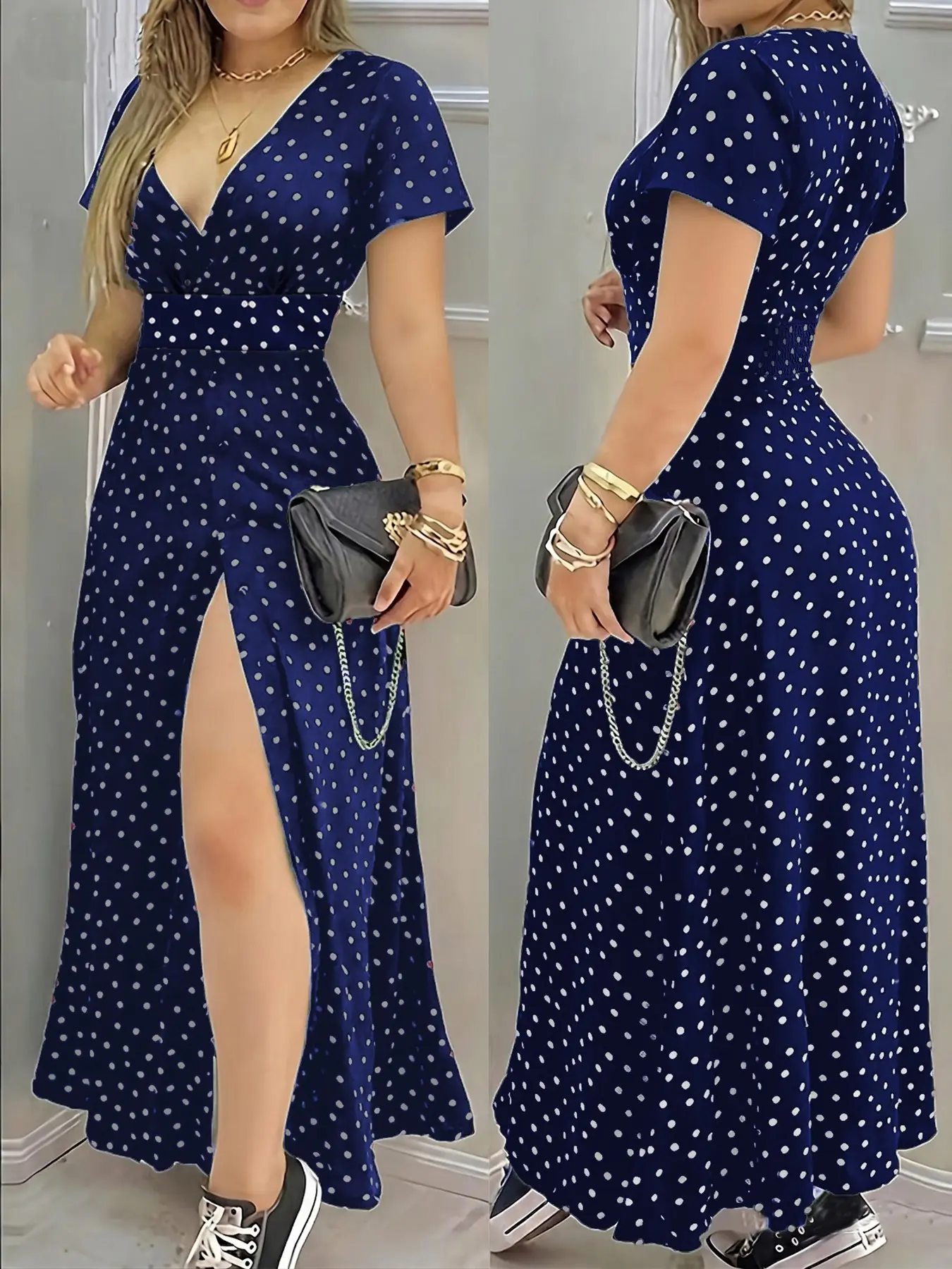 Summer New Bohemian V Neck Polka Dot Print Dress, Women's Short Sleeve Waist Cinch Split Dress, Casual Elegant Long Dress for Vacation Party