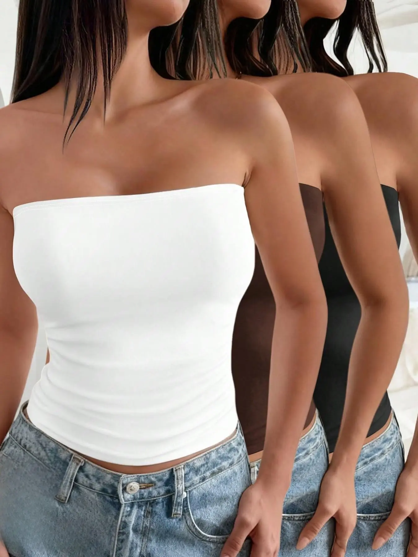 Three-Piece Set Sexy Basic Tank Tops, Stretch Waist Short Sleeve Strapless Vest, Summer Inner Outer Wear Crop Top