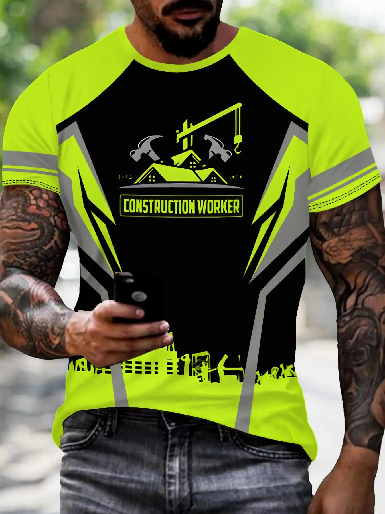 Construction Worker Print T-Shirt, Industrial Style Reflective Safety Stripe Short Sleeve, Fashionable Comfort Design, Ideal for Daily Wear, Perfect Gift Choice