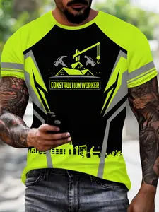 Construction Worker Print T-Shirt, Industrial Style Reflective Safety Stripe Short Sleeve, Fashionable Comfort Design, Ideal for Daily Wear, Perfect Gift Choice