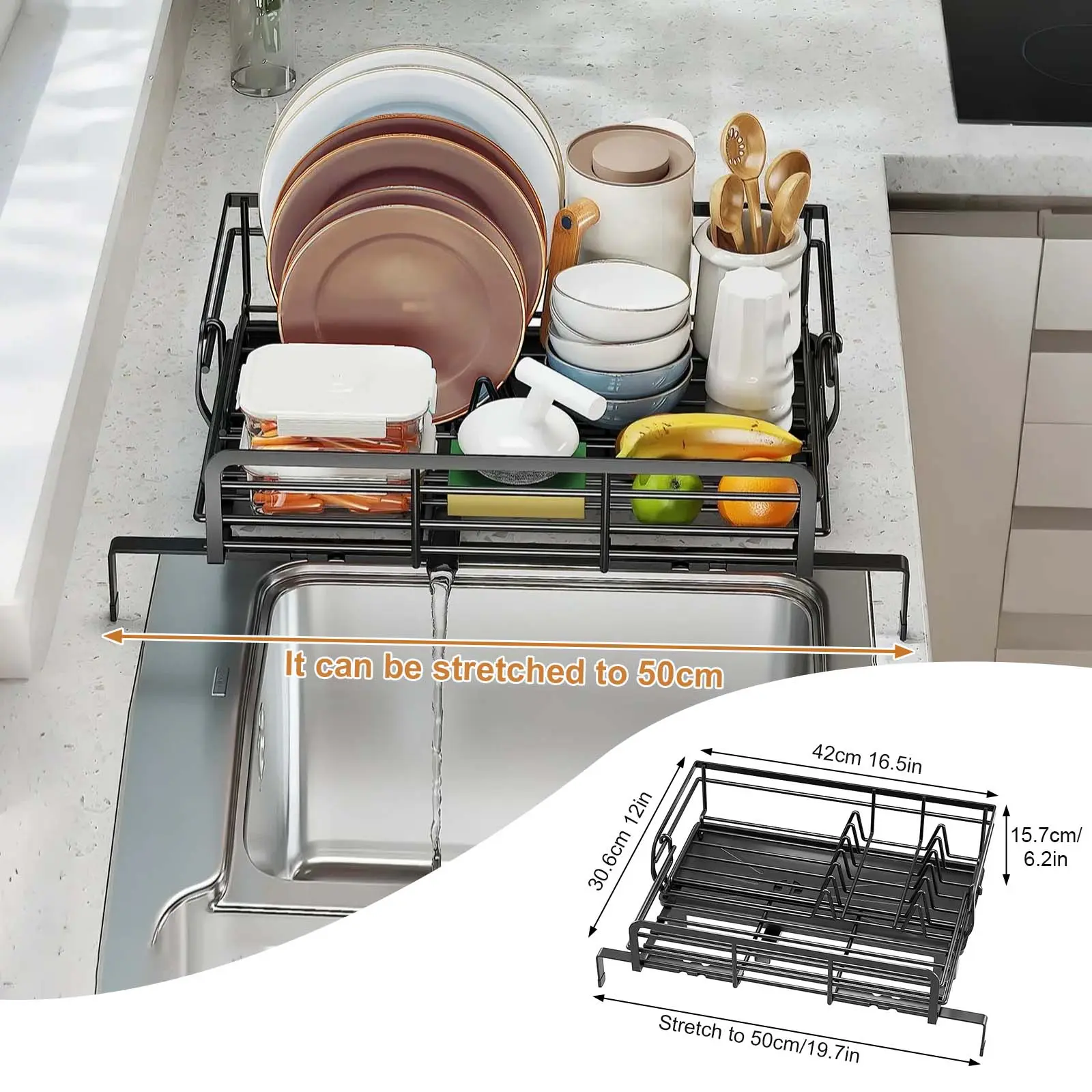 Durable Carbon Steel Expandable Dishwasher Organiser - Minimalist Double-Level Adjustable Racks, Large Capacity, Drain Tray, Door-Covered Design for Countertops, Small Kitchens, Apartment Users, Expandable Size