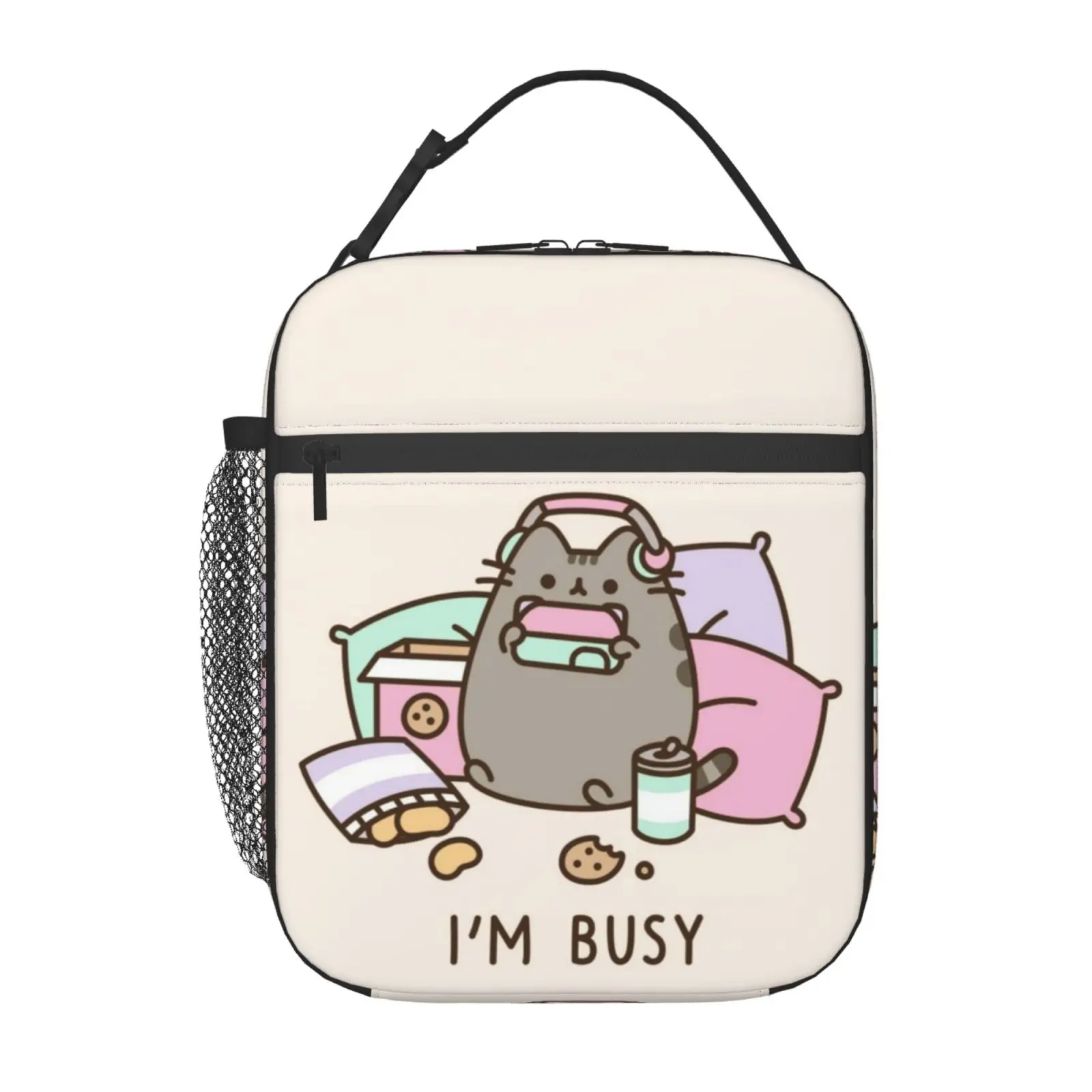 Pusheen4 Polyester 1-Size Zip Insulated Thermal Lunch Box - Anime Cartoon Print Food-Safe Tote, Reusable Handbag for Kids, Ideal Gift for School or Travel, One Size