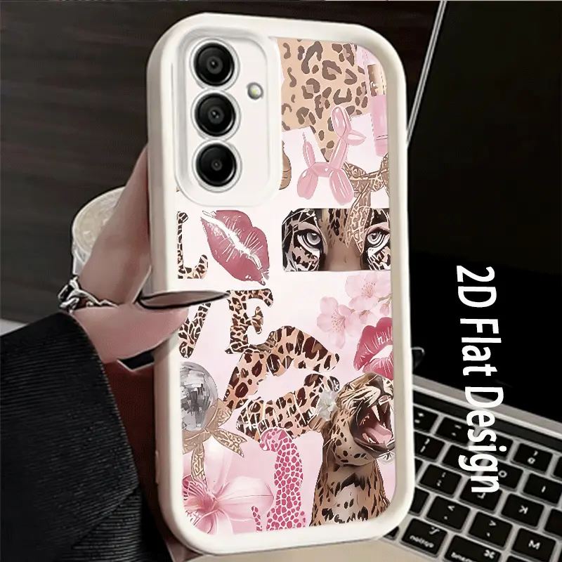 Phone Case: Leopard Print Cherry Blossom Love Phone Case and Cover - 2D Flat Phone Case Suitable for Samsung Galaxy A05 A05S A06 A07 A12 A13 A14 A15 A16 5G A17 A21S A22 A23 A24 A25 A26 A32 A33 A34 A35 A36 A52 A53 A54 A55 A56 S21 Ultra S22 Plus S23+
