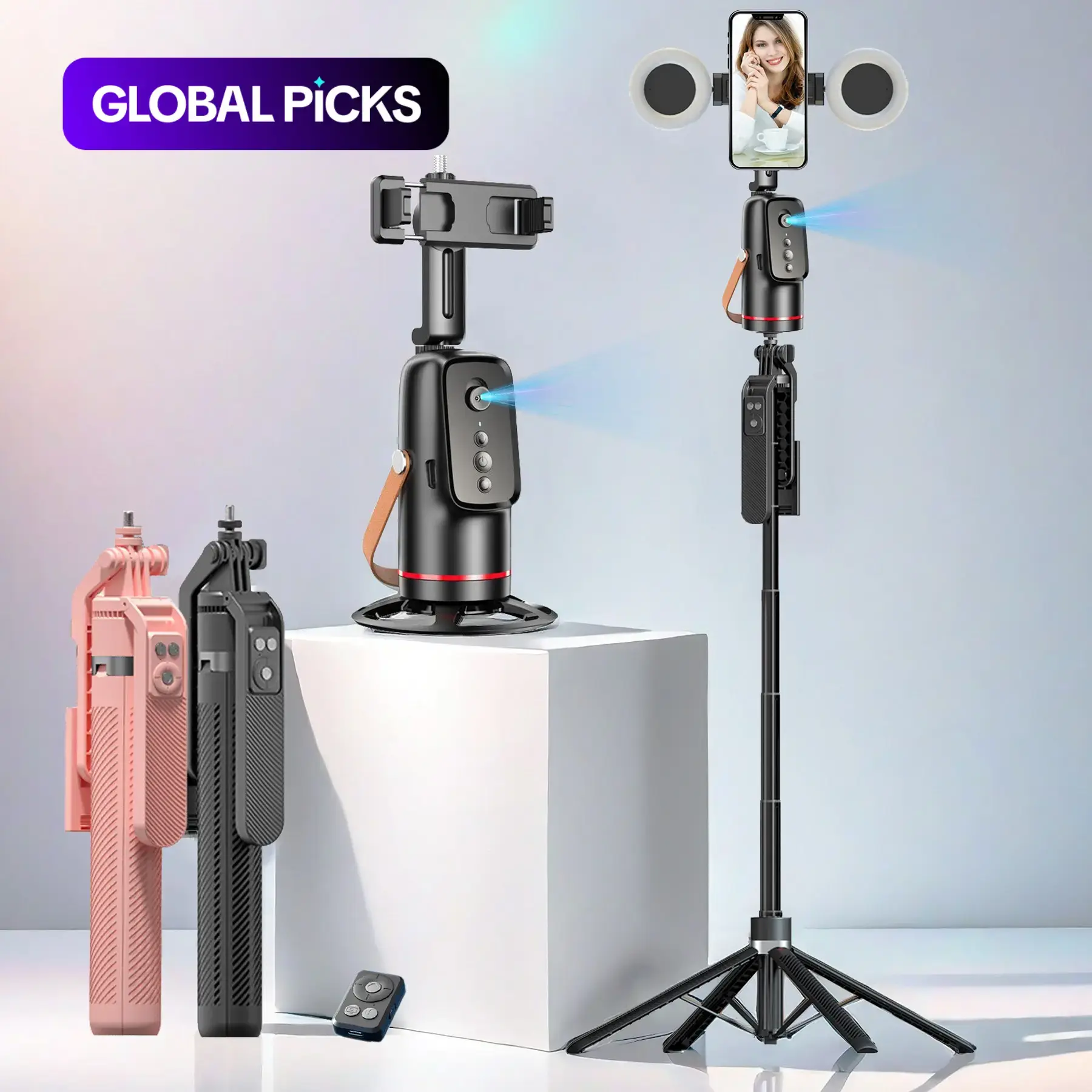 5-in-1 Smart Face-Tracking Gimbal with Tripod, Wireless Selfie Remote, Smartphone Selfie Stick, Light, Auto Rotation, Phone Stabilizer, Vlogging Kit, Video Camera Accessory Kit