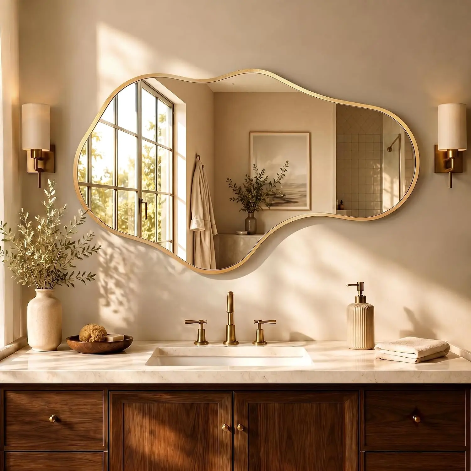 Bathroom Mirror for Over Sink-Gold Room Decor Wall Mirror 22"x 36" | Irregular Wall Mirror - Asymmetrical Abstract Mirror Unique for Bedroom, Living Room, Cloakroom, Entryway