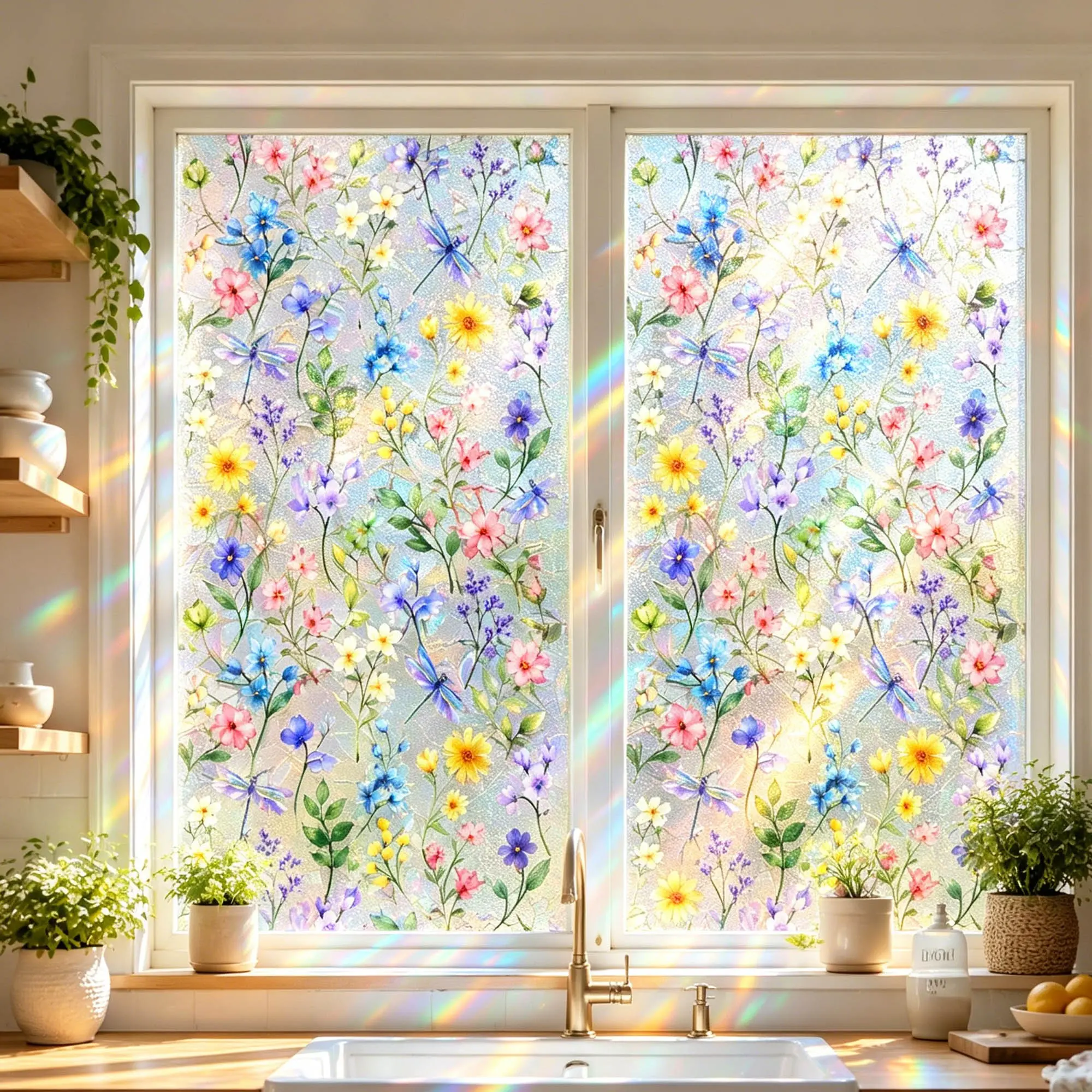 45x100cm Decorative Floral Stained Glass Window Film, Rainbow Privacy Film, Static Cling No Glue, Light Blocking & UV Protection, Home Decor