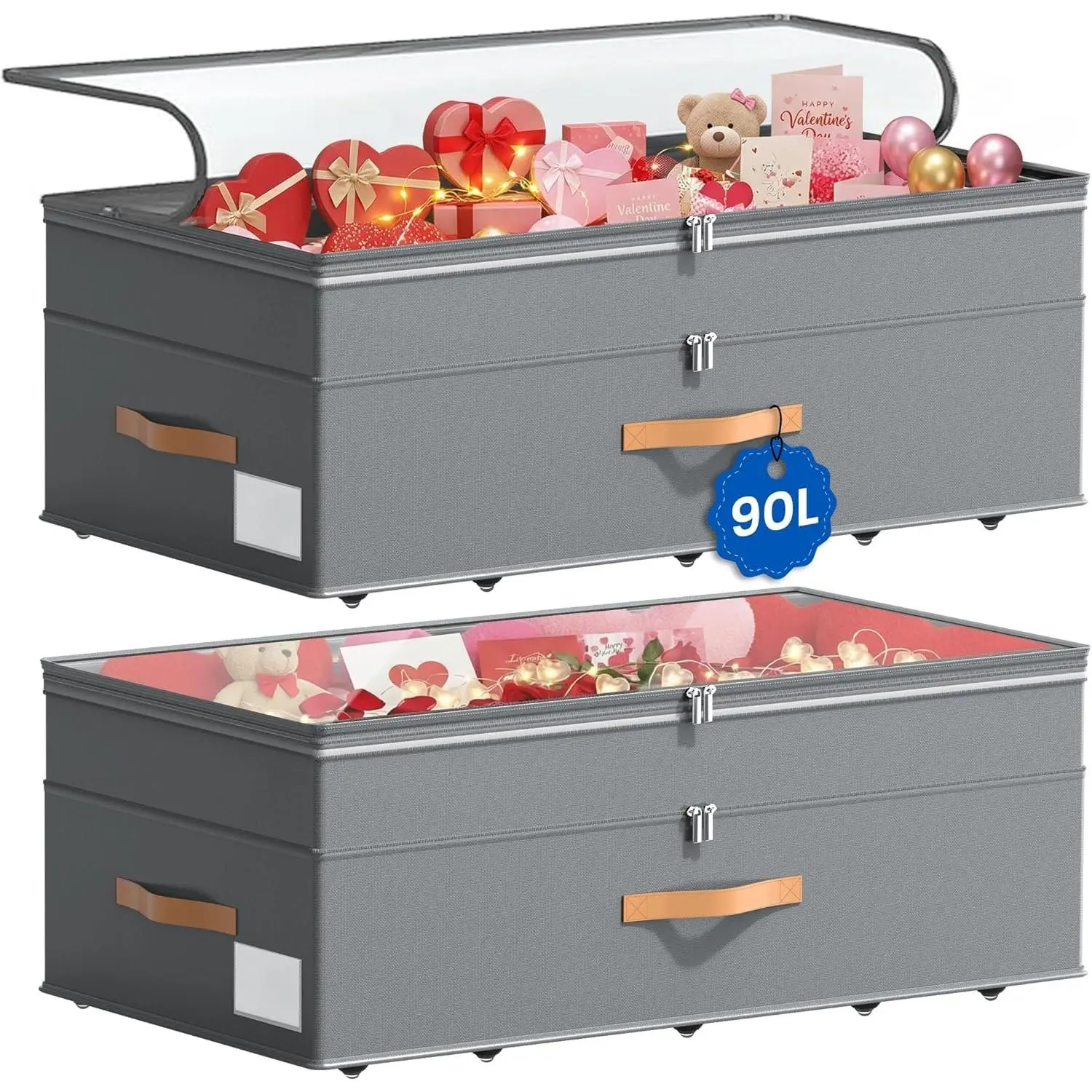 Under Bed Storage with Wheels, 2-Pack Underbed Storage Containers, No Assemble 11 inches 90L XXL Large Adjustable Storage Bins with Clear Lids, Rolling Storage for Clothes, Shoes, Blankets, Gray