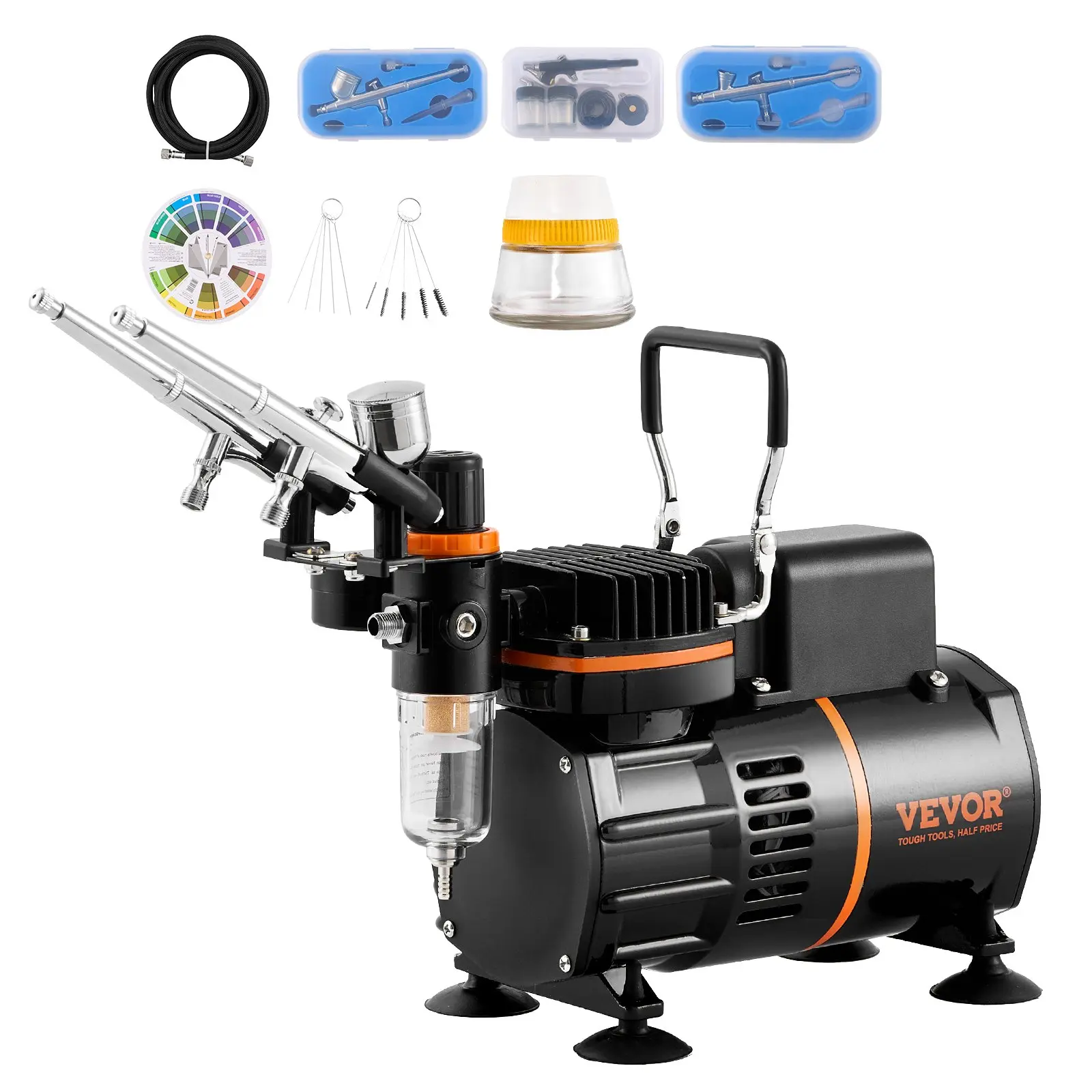 VEVOR Professional Airbrush Kit with Dual Fan Air Compressor, 3 Airbrushes (0.2mm TC-20B), Holder, Color Mixing Wheel, Cleaning Brush Set, FDA Safe for Makeup, Food Preparation, Cake