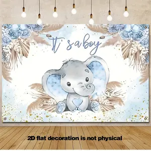 Boho Elephant Baby Shower Banner, Blue Pampas Grass and Cute Elephant Backdrop, 2D Flat Single-Sided Polyester Banner with Metal Grommets, Ideal for Baby Showers, Gender Reveal Parties and Photo Booth Decor
