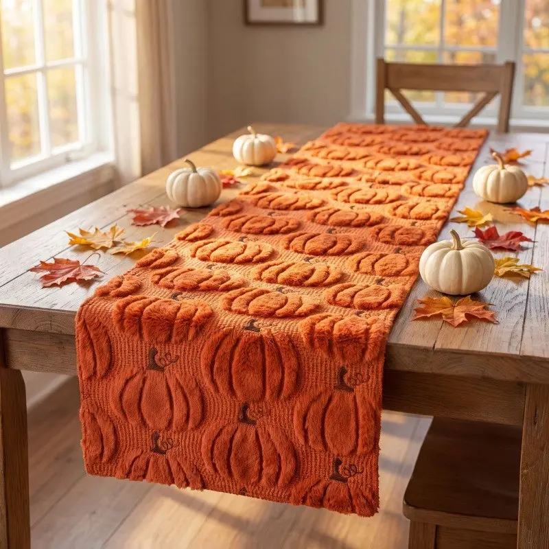 2Colors 4Sizes Halloween Table Runner Dresser Scarf Spooky Cute Gothic Cozy Farmhouse Aesthetic Orange Caramel Tufted Knit 3D Pumpkin Pattern Dining Room Table Decor Kitchen Party Gift