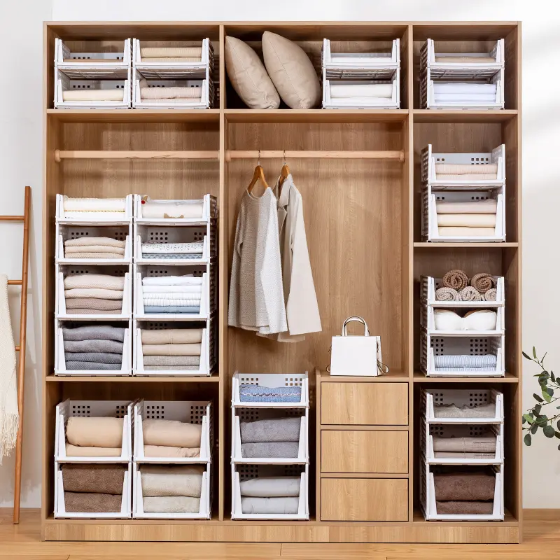 Sliding Drawer Collapsible Plastic Storage Baskets for Closet Organization, Removable Shelves, Ample Storage Space, Sturdy Support Rod, Interlock Stackable, Ventilated Hollow Panels, Storage Organizer for Bedroom and Laundry Room