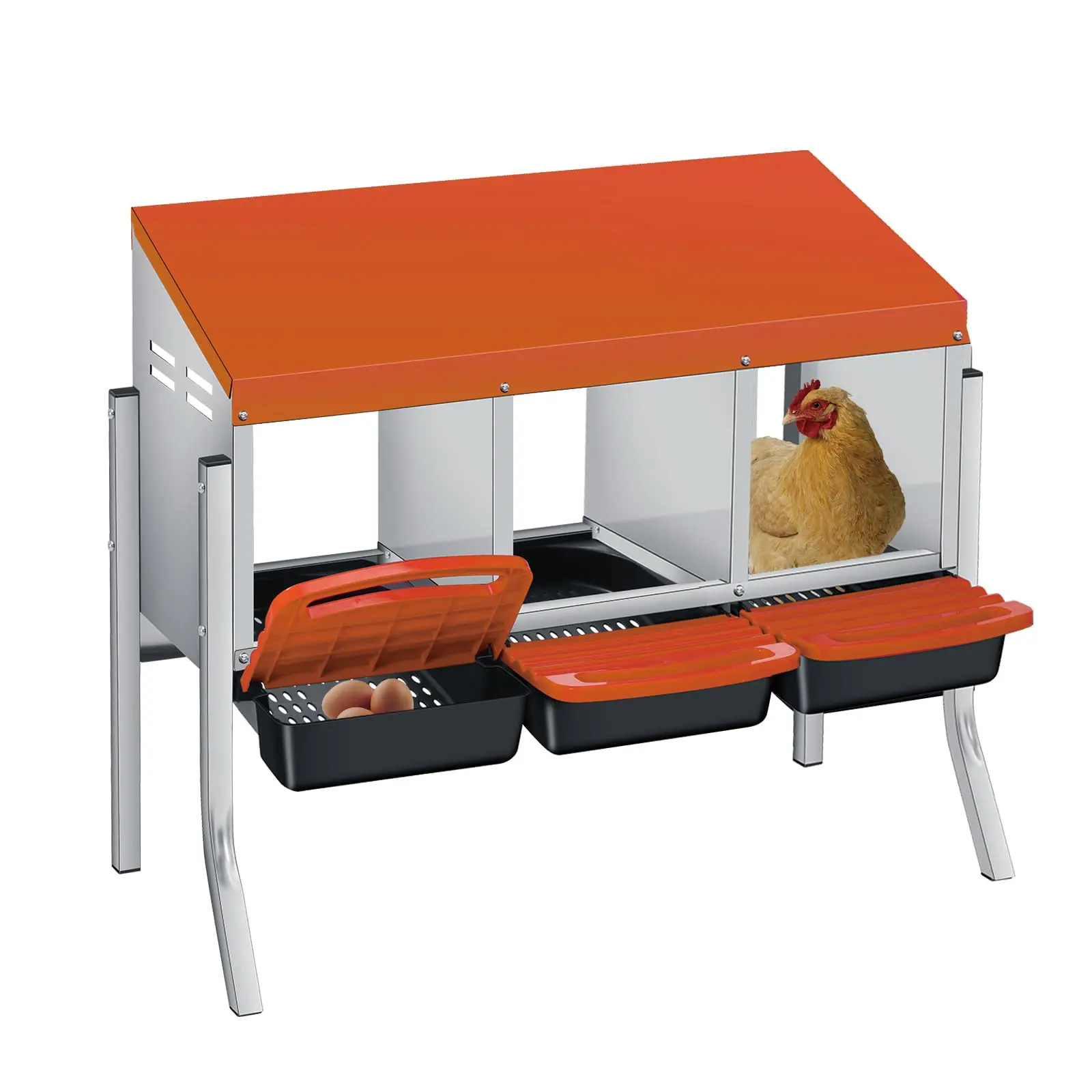3-Hole Rollaway Chicken Nesting Box for Hens, Sturdy Poultry Laying Box with Removable Trays, Easy Egg Collection, Convenient Cleaning