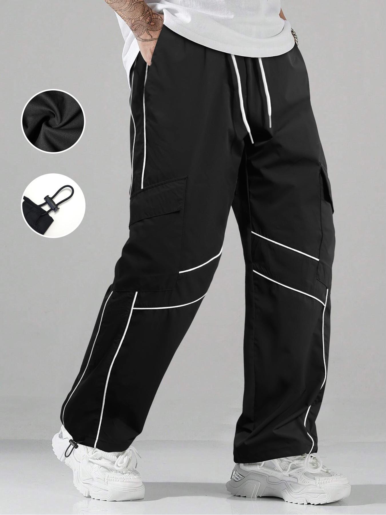 Men's Striped Print Drawstring Waist Pants Breathable Straight Leg Trousers for Outdoor Activities, Athleisure Style Bottoms, Men's Bottoms for All Seasons