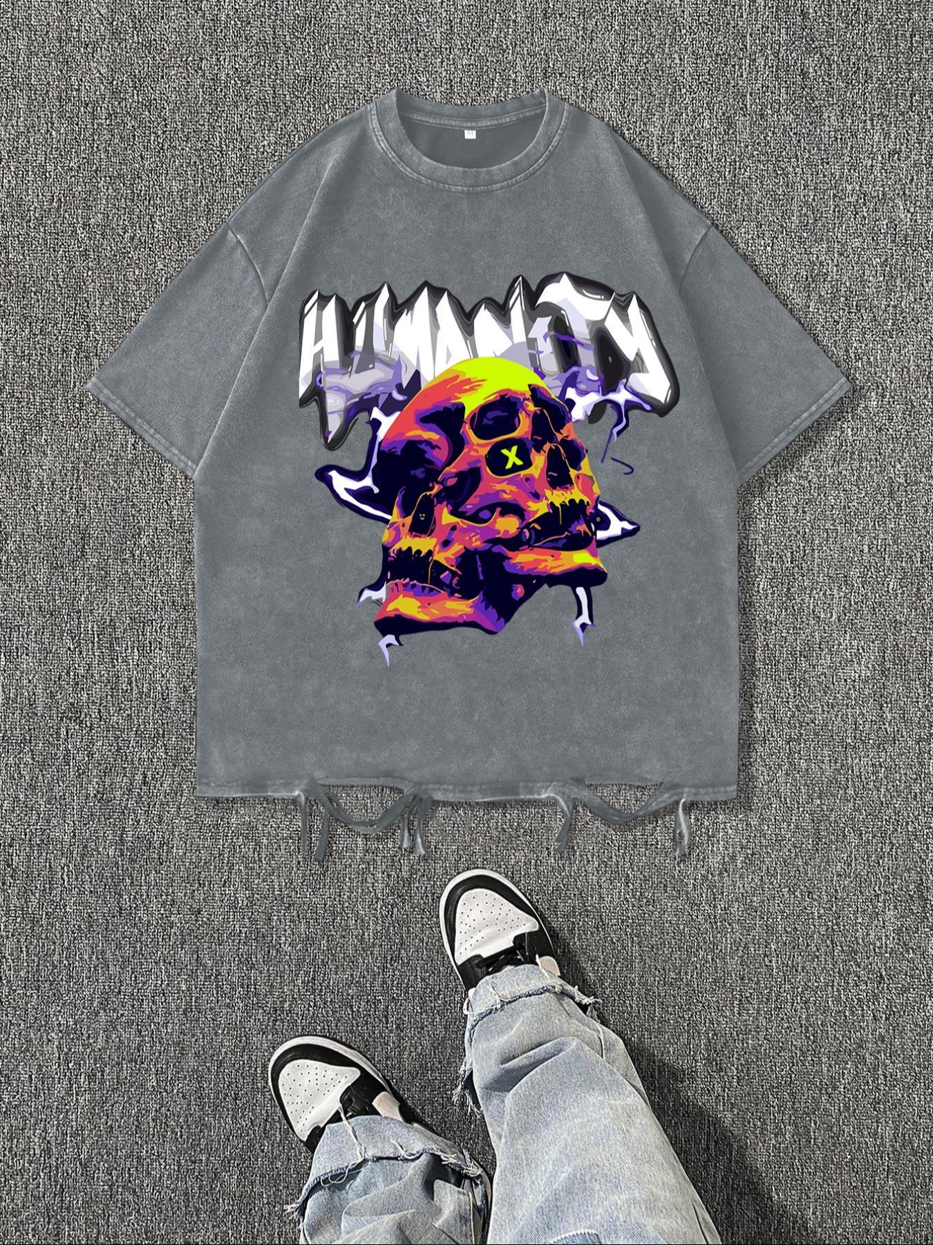 Men's Vintage Letter Print Raw Hem Round Neck Tee, Regular Fit Casual Short Sleeve T-shirt, Men's Summer Top for Daily Wear, Cotton