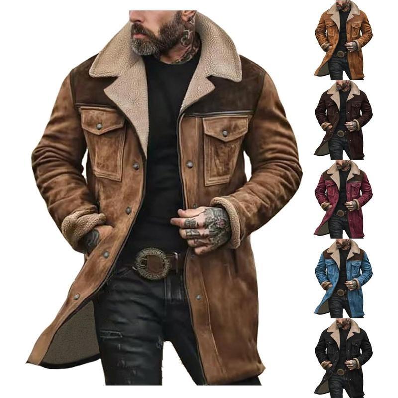 (New)MensWesternCowboyJacketVintageSuedeJacketLongCoatsZipUpPlushCollarCowboyPeacoatRetroTopsCasualMenswearFathersdaygiftSoftFleeceHoodiejacketwesternclothingjacketslettermanjacketwesternclothingwindbreakersLeather