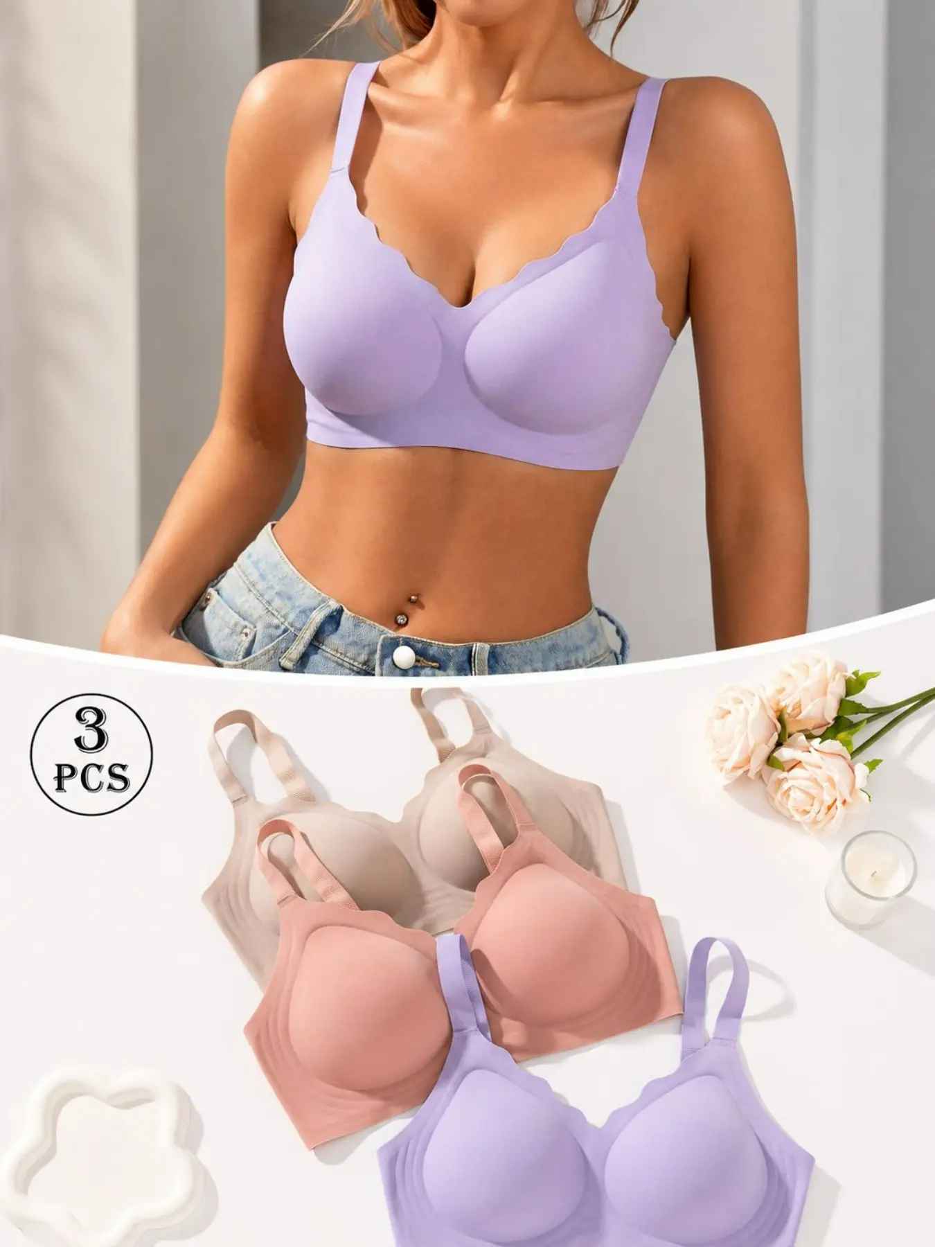 Women's 3 Pack Seamless Wireless Adjustable Bras Set, Full Coverage Comfort Fit, Casual, Adjustable Shoulder Straps, Soft Breathable Fabric, Everyday Support Bralette Collection for Daily Comfort and Relaxation