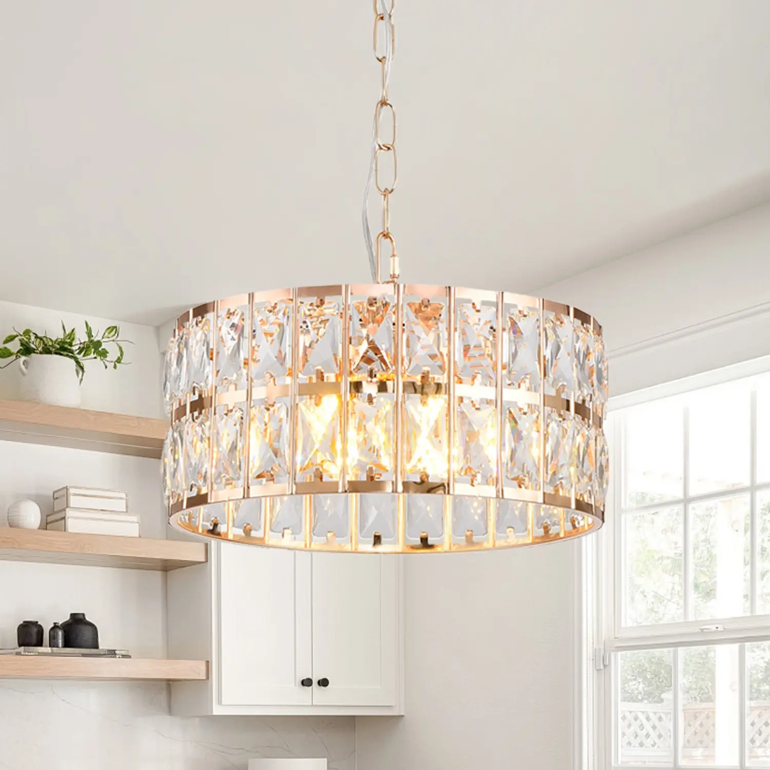 Modern restaurant crystal chandelier, golden semi ceiling light, circular crystal chandelier, home decor lighting, suitable for foyer bedroom living room, adjustable lights, G9 Base (bulb not included)