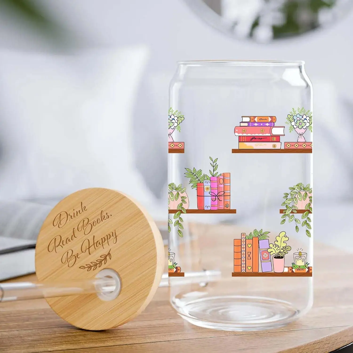 Book Lover Gifts  Bookish Glass Cup with Engraving Cup Lid Reading Accessories Birthday Gifts for Read Lover Book Club , Presents for Readers Women, Bookworm