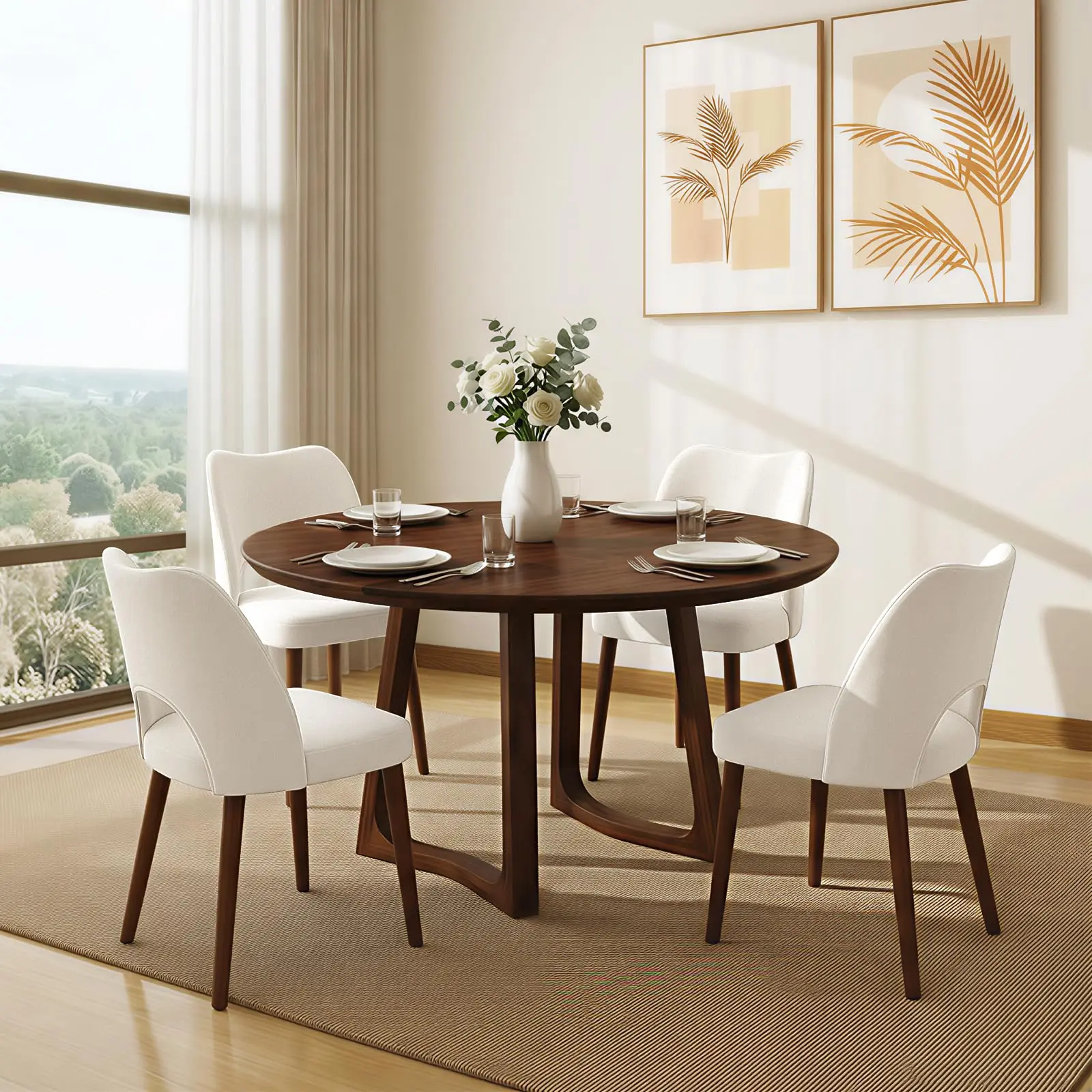 Modern White Dining Chairs Set of 2 Upholstered Ergonomic Hollow Back Wood Legs for Kitchen Dining Room Restaurant